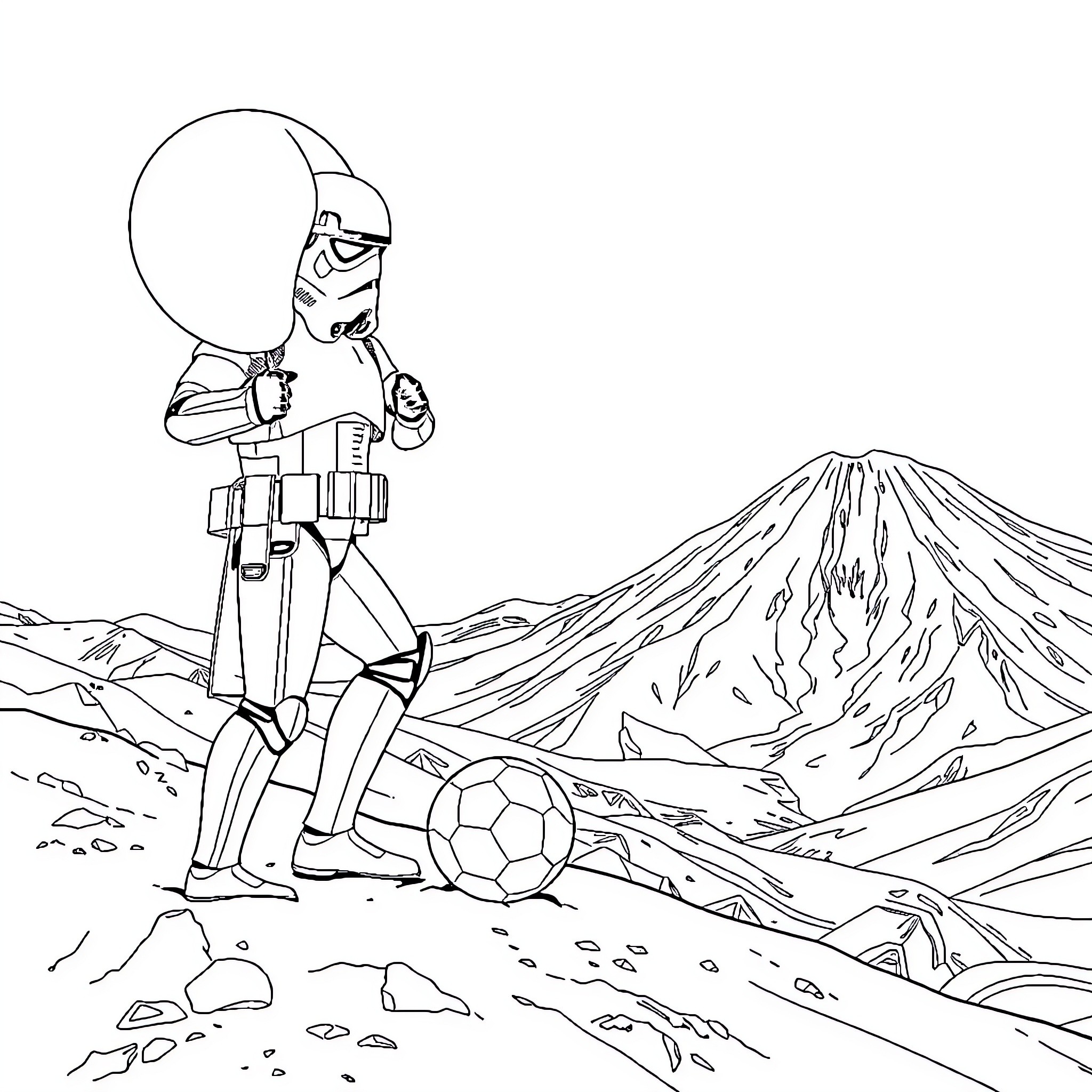 Stormtrooper playing with soccer ball in desert landscape Coloring Page (free black-and-white line drawing printable PDF for all, from beginners to advanced learners, including children, teens, adults, and seniors)
