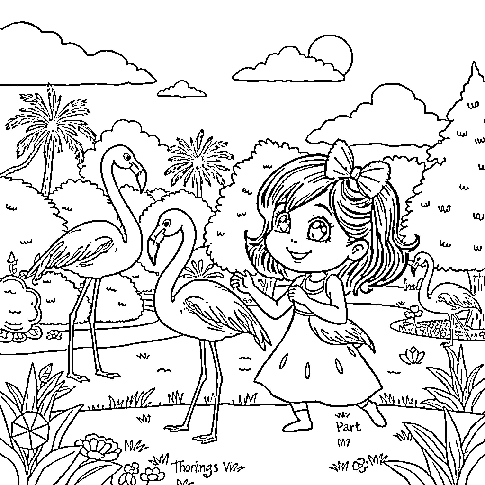 Flamingo Parade with Cheerful Girl Coloring Page (free black-and-white line drawing printable PDF for all, from beginners to advanced learners, including children, teens, adults, and seniors)