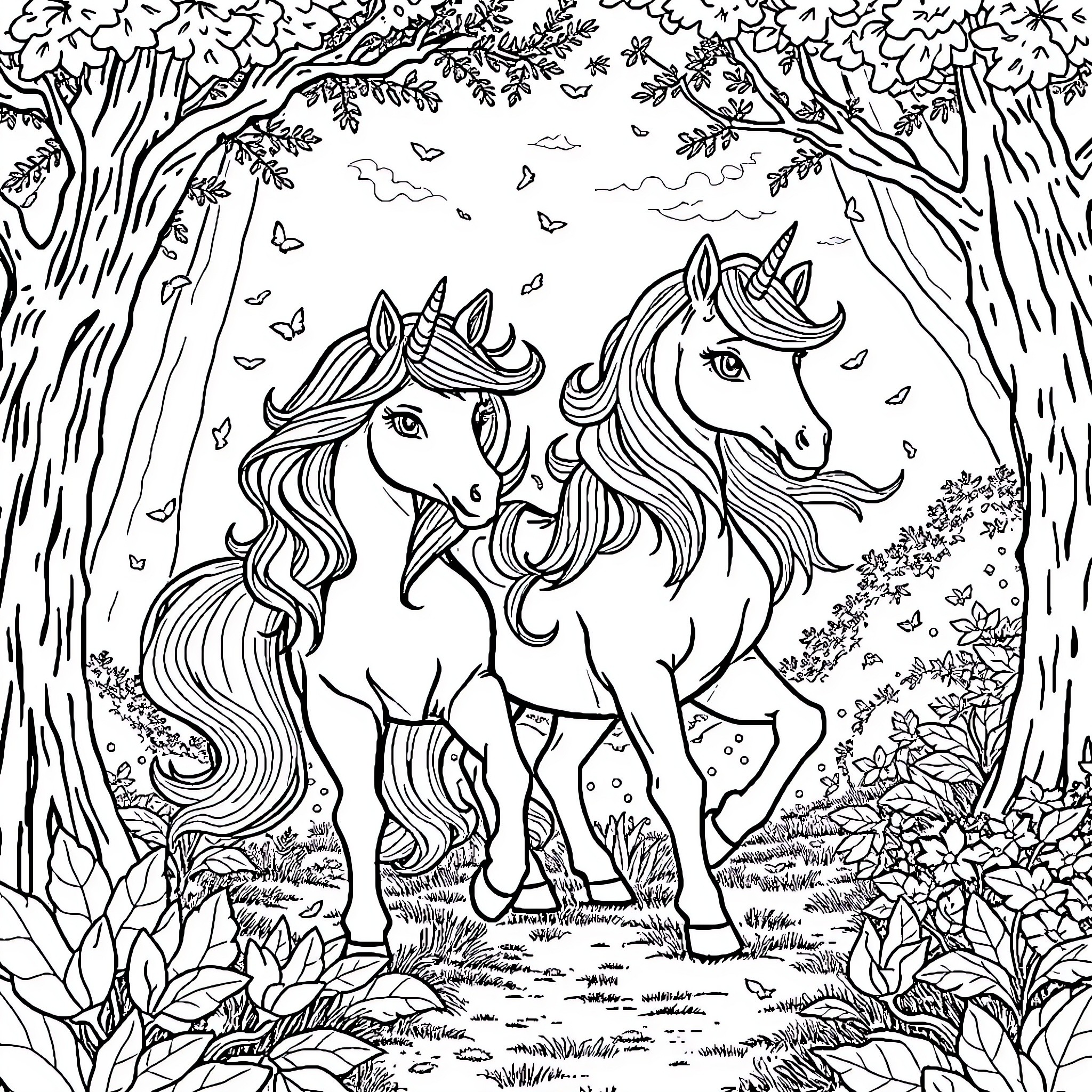 Unicorn Pair Frolicking in Enchanted Forest Coloring Page (free black-and-white line drawing printable PDF for all, from beginners to advanced learners, including children, teens, adults, and seniors)