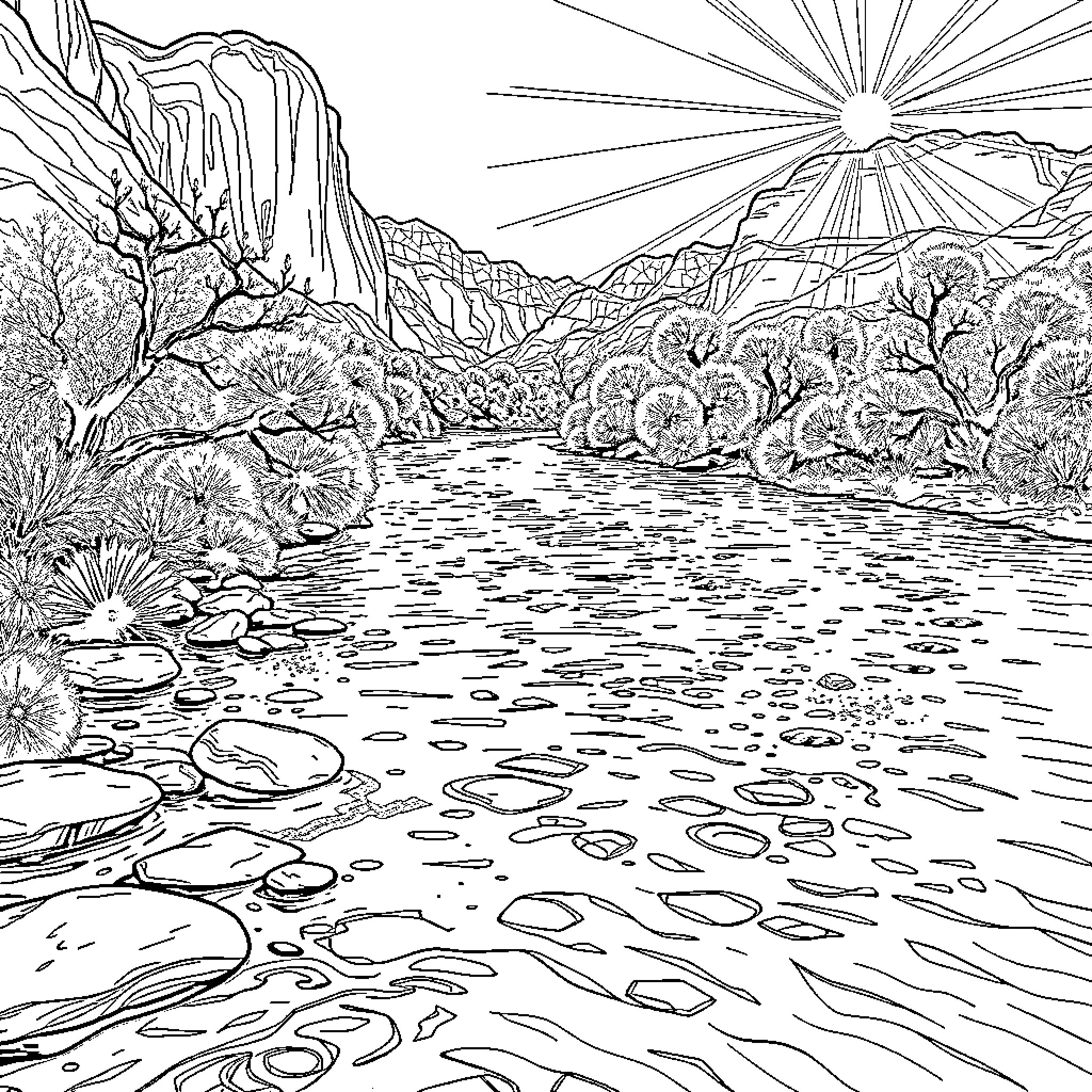 River flowing through serene mountain landscape Coloring Page (free black-and-white line drawing printable PDF for all, from beginners to advanced learners, including children, teens, adults, and seniors)