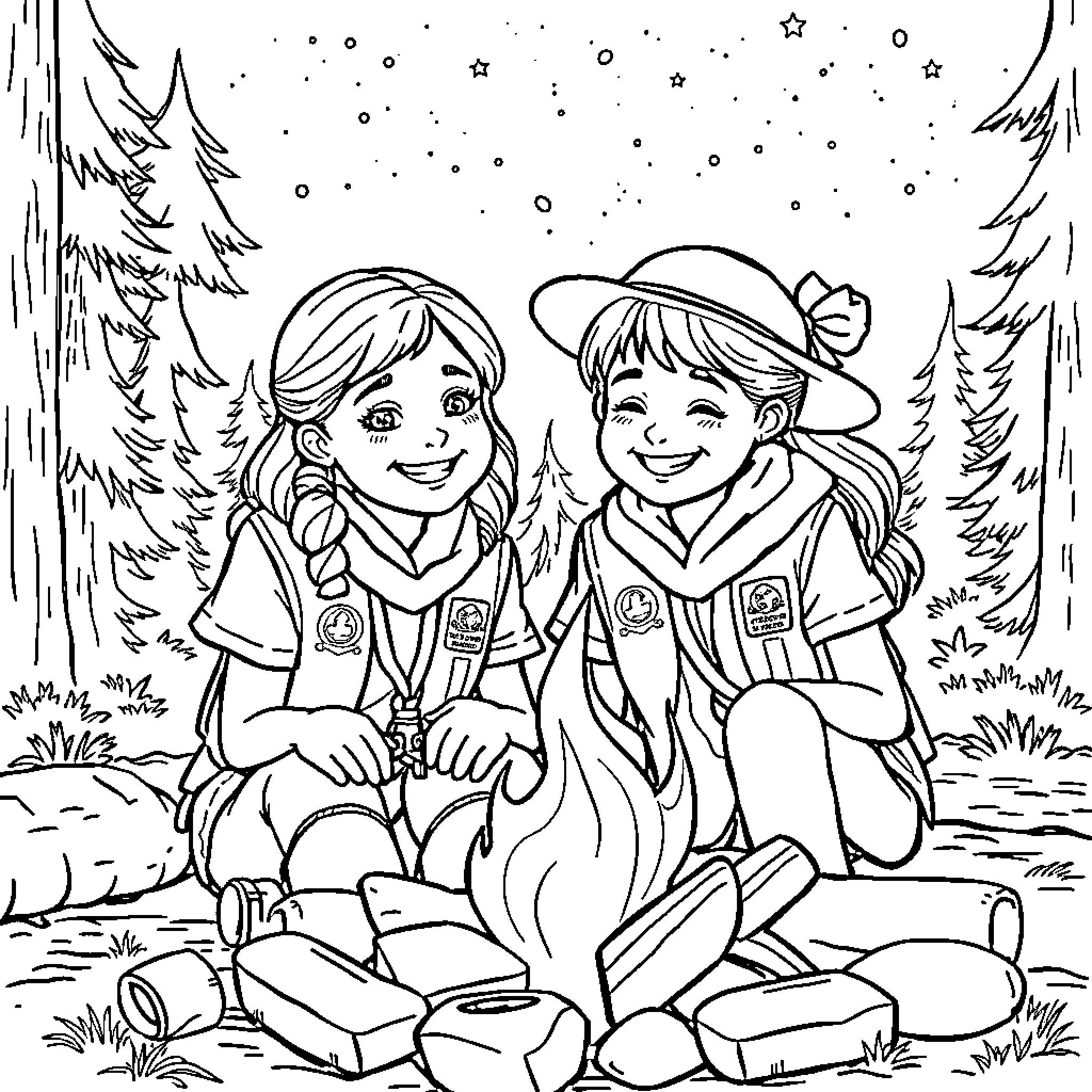 Girl Scout Campers Enjoying Nature at Night Coloring Page (free black-and-white line drawing printable PDF for all, from beginners to advanced learners, including children, teens, adults, and seniors)