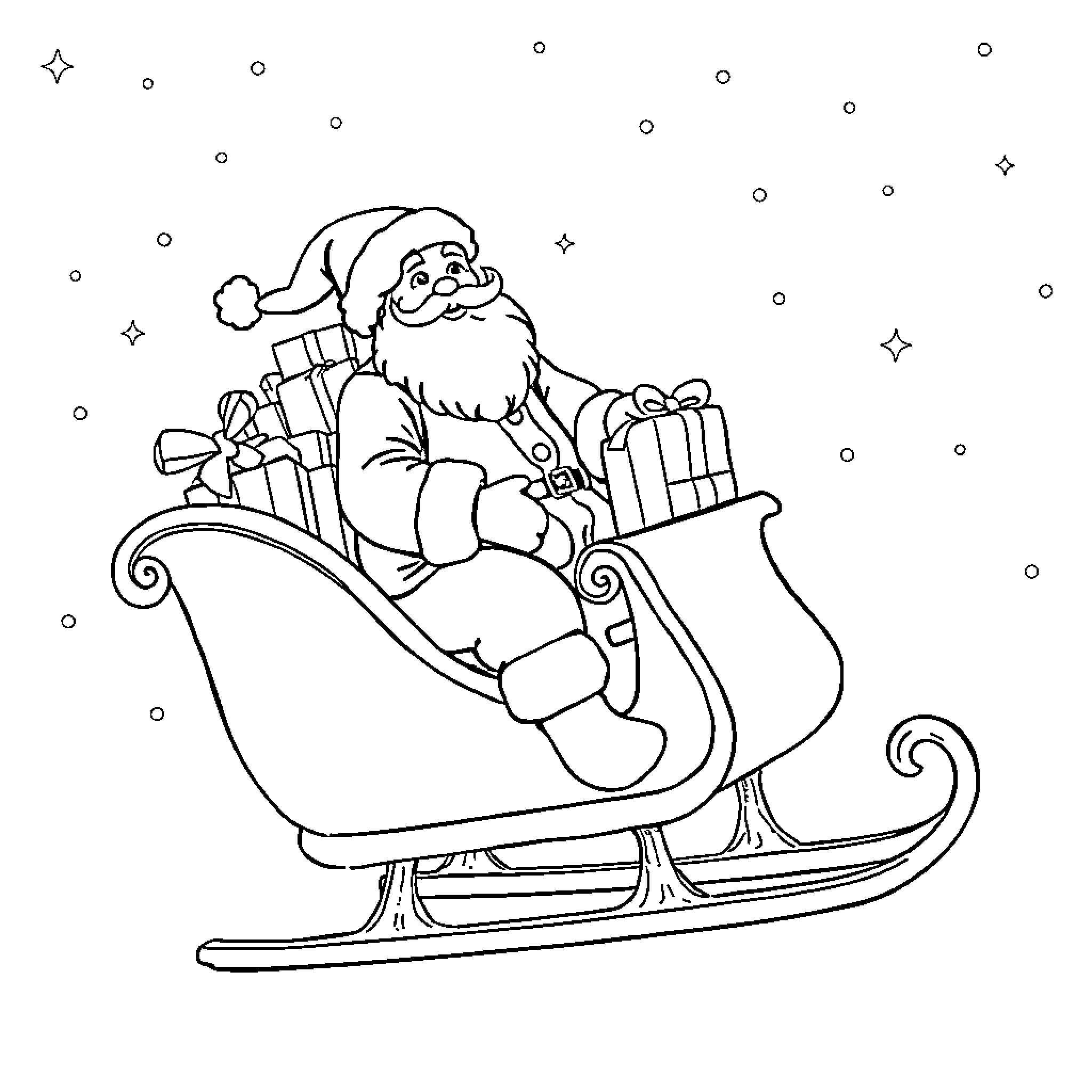 Santa delivering gifts in a sleigh Coloring Page (free black-and-white line drawing printable PDF for all, from beginners to advanced learners, including children, teens, adults, and seniors)