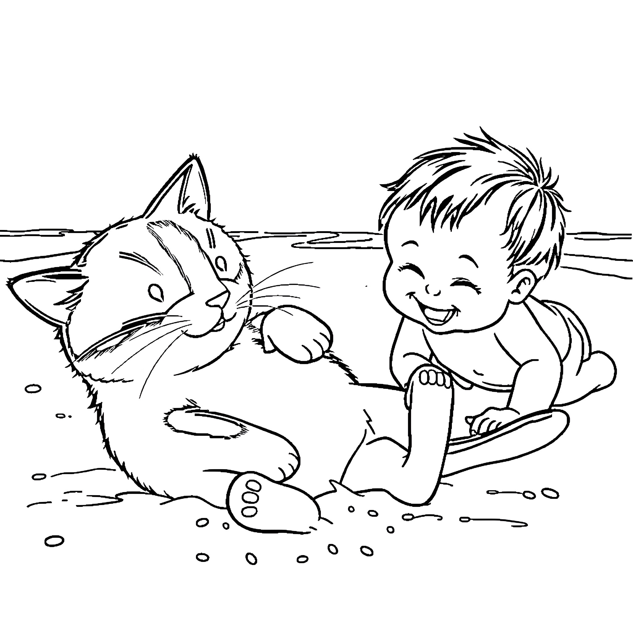Cat and Child Playing Together Coloring Page (free black-and-white line drawing printable PDF for all, from beginners to advanced learners, including children, teens, adults, and seniors)