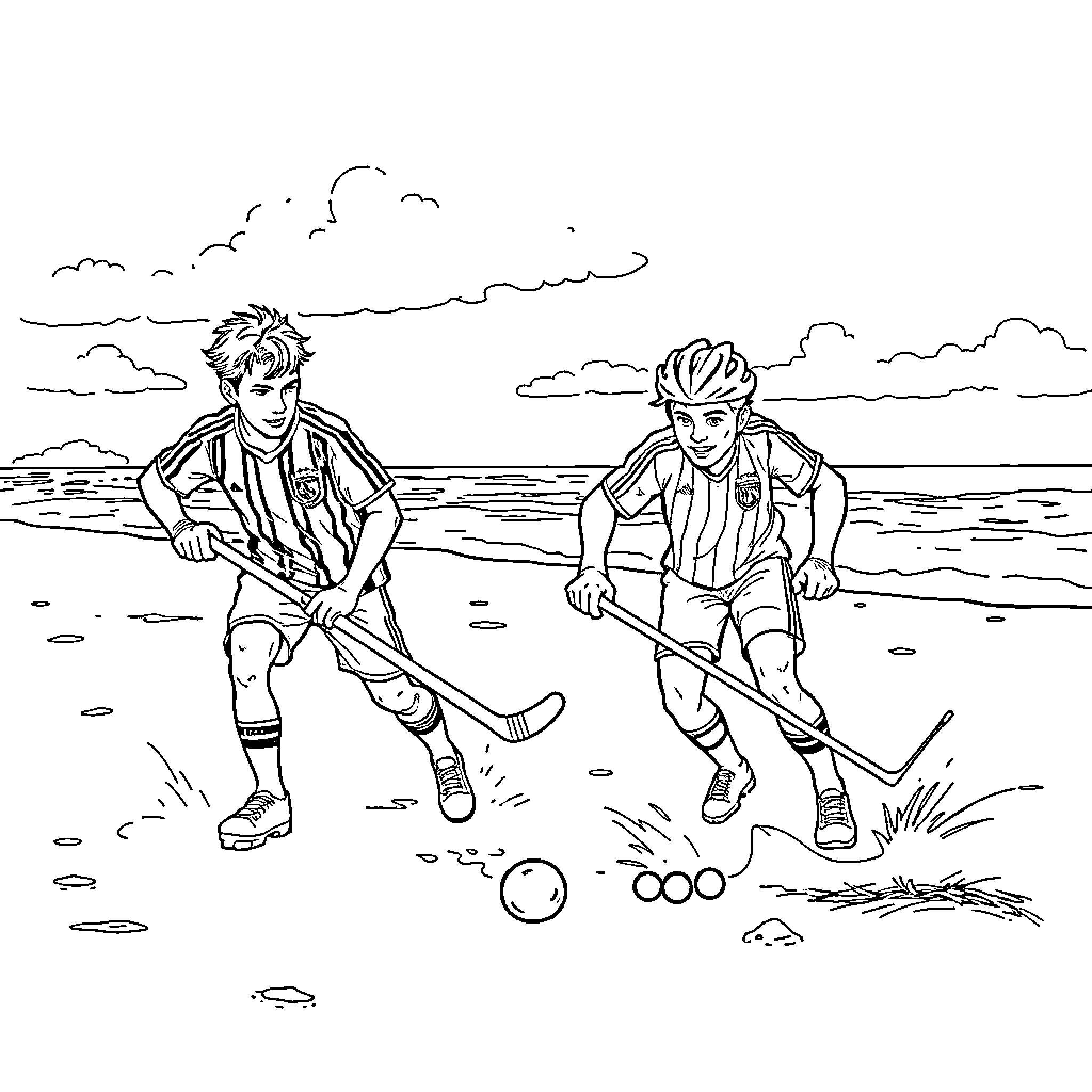 Zarco boys playing field hockey on the beach Coloring Page (free black-and-white line drawing printable PDF for all, from beginners to advanced learners, including children, teens, adults, and seniors)