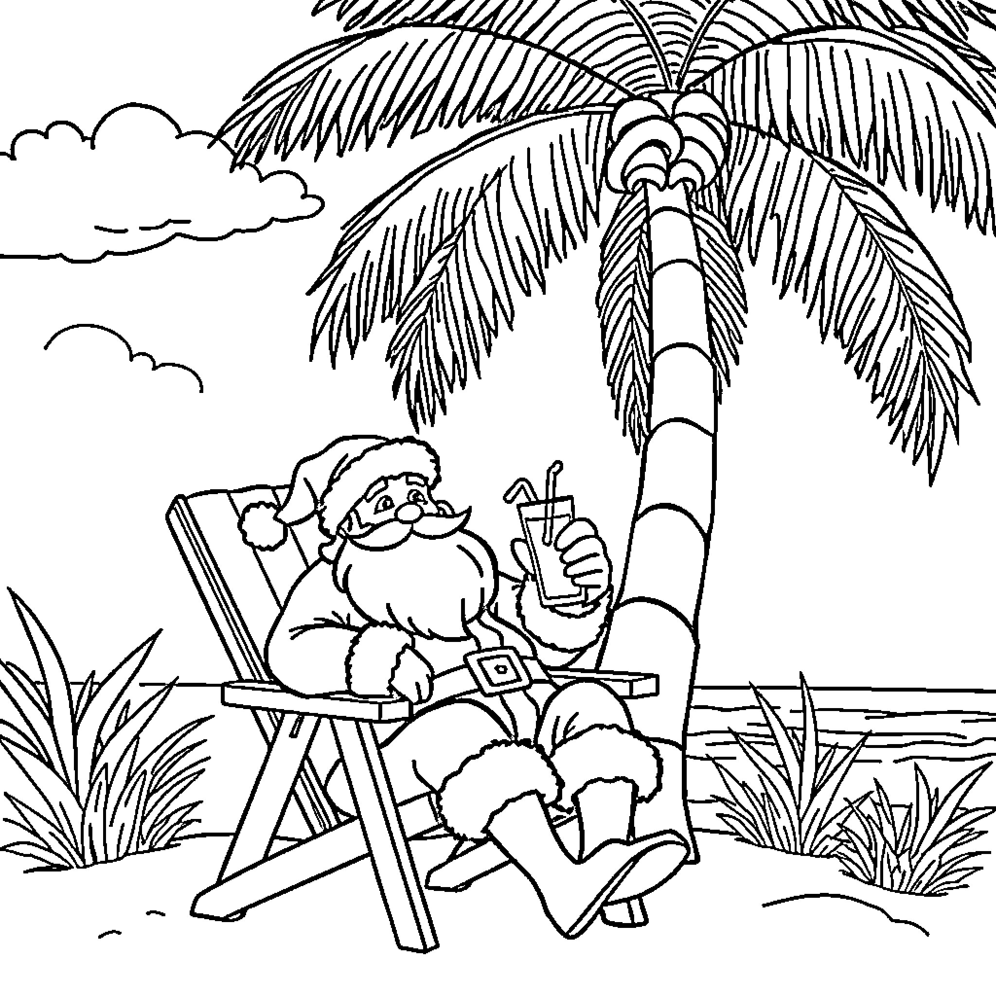 Santa relaxing on a tropical beach Coloring Page (free black-and-white line drawing printable PDF for all, from beginners to advanced learners, including children, teens, adults, and seniors)