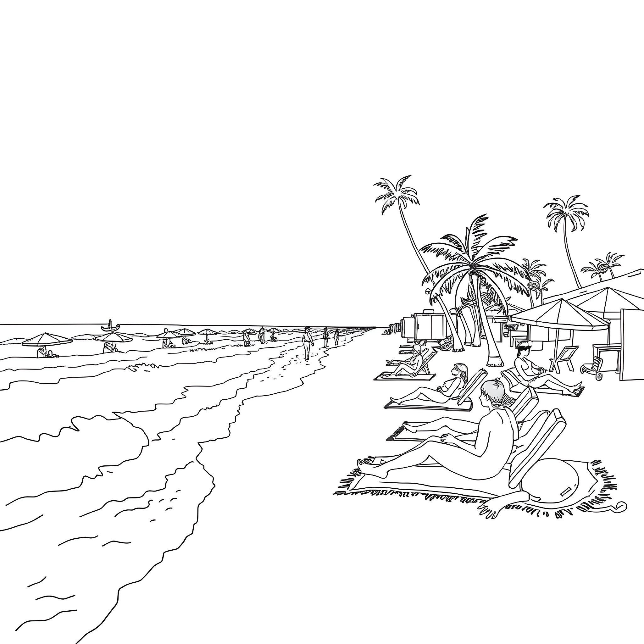 Beach scene with people relaxing and enjoying the sun Coloring Page (free black-and-white line drawing printable PDF for all, from beginners to advanced learners, including children, teens, adults, and seniors)