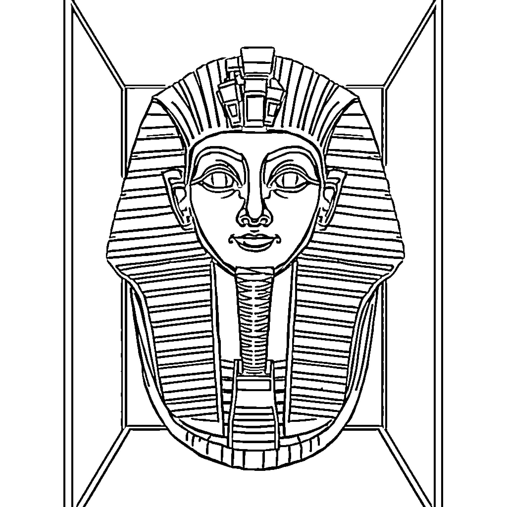 King Tut's Iconic Egyptian Mask Illustration Coloring Page (free black-and-white line drawing printable PDF for all, from beginners to advanced learners, including children, teens, adults, and seniors)