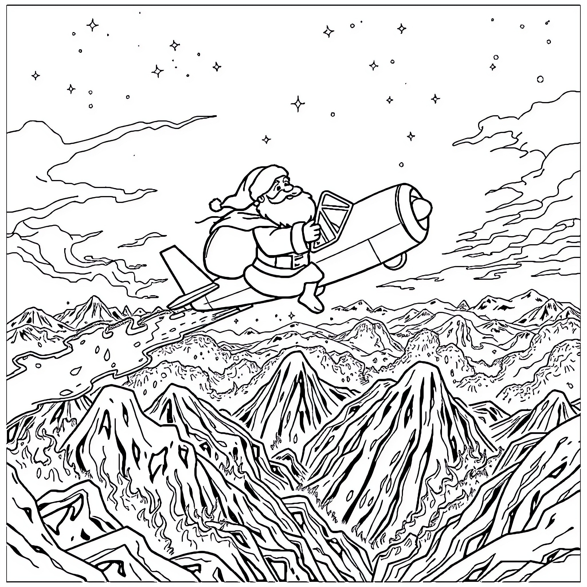 Santa's Rocket-Powered Adventure Through the Starry Skies Coloring Page (free black-and-white line drawing printable PDF for all, from beginners to advanced learners, including children, teens, adults, and seniors)