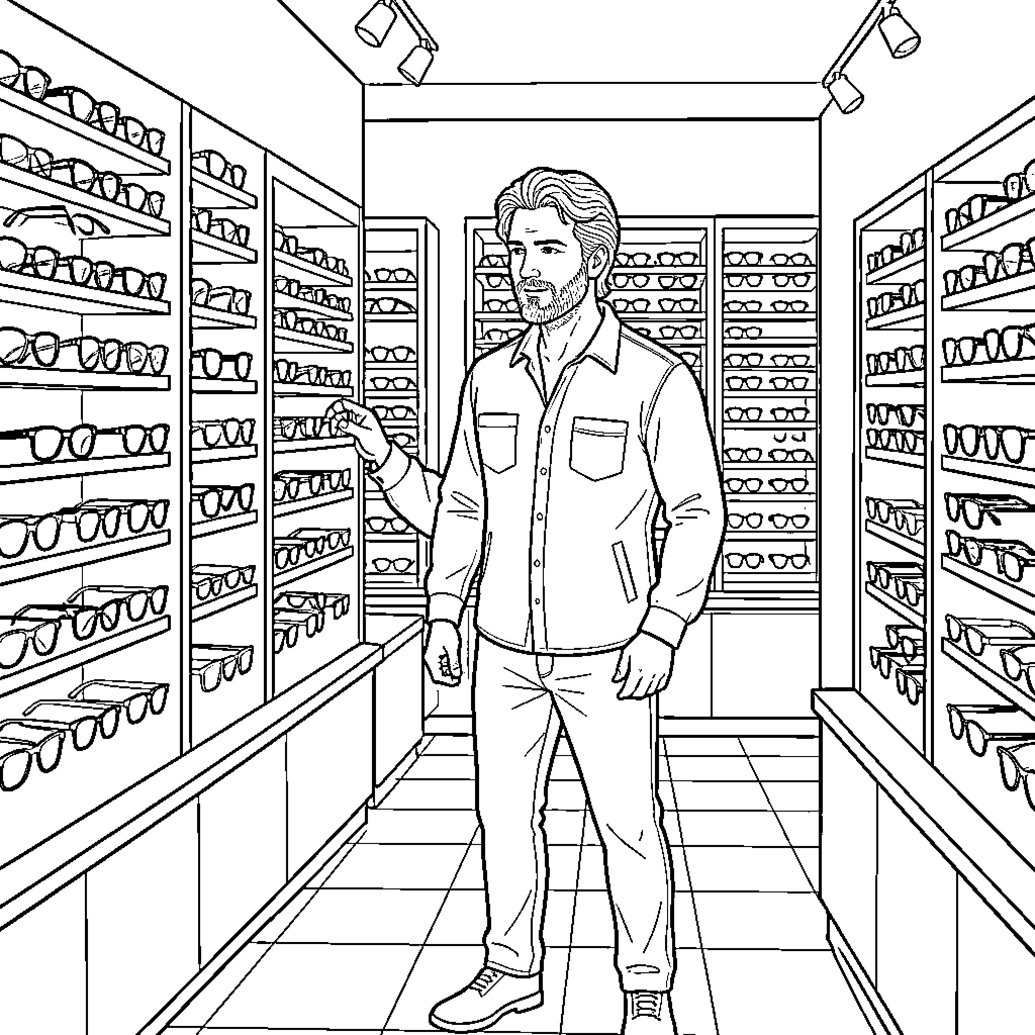 Tom Sandoval browsing eyeglasses in a boutique store Coloring Page (free black-and-white line drawing printable PDF for all, from beginners to advanced learners, including children, teens, adults, and seniors)