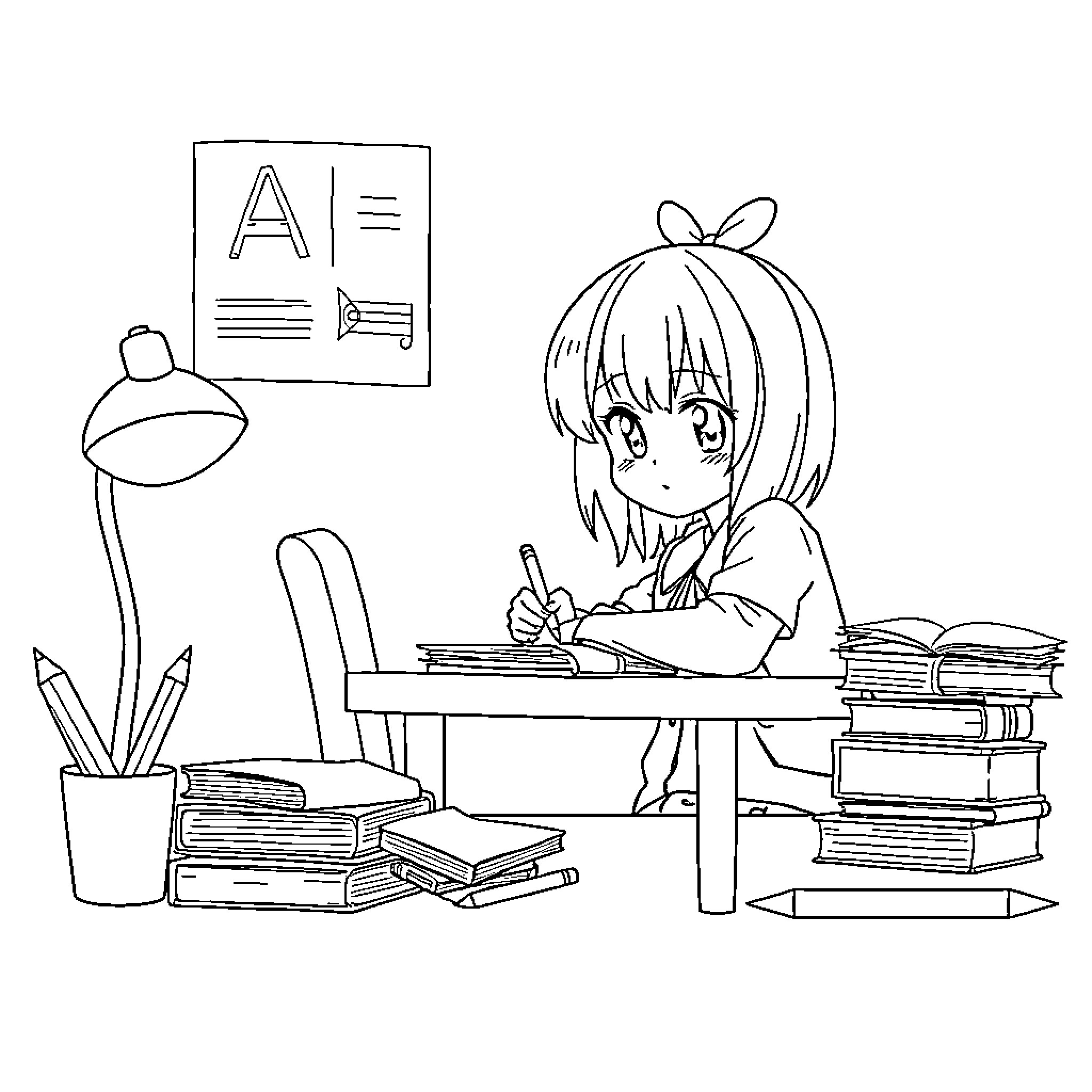 Anime Girl Studying Diligently in Classroom Coloring Page (free black-and-white line drawing printable PDF for all, from beginners to advanced learners, including children, teens, adults, and seniors)