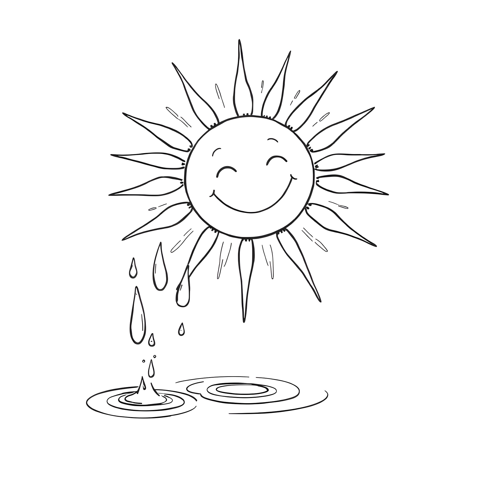 Sun shining happily in the rain Coloring Page (free black-and-white line drawing printable PDF for all, from beginners to advanced learners, including children, teens, adults, and seniors)