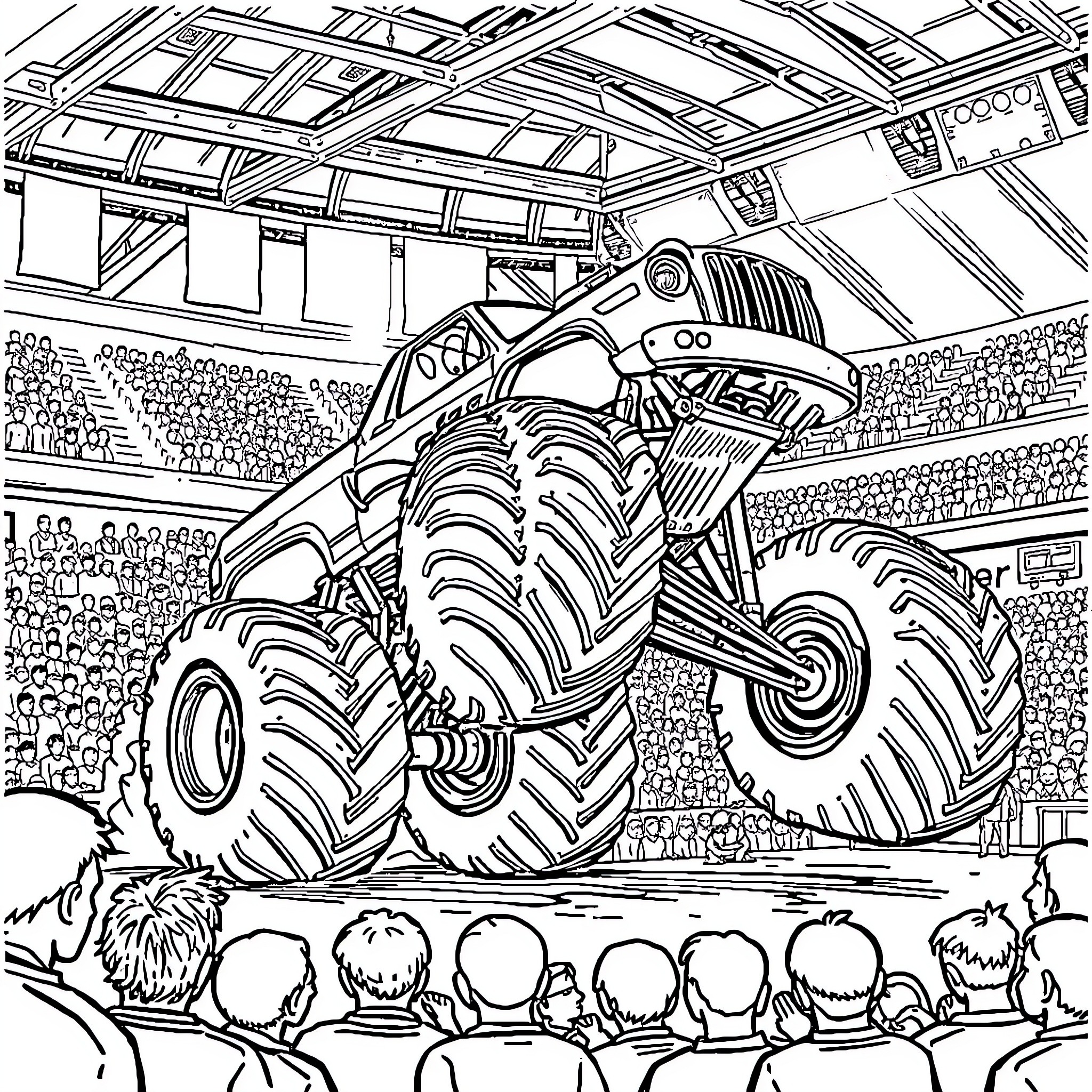 Monster Truck Performing Impressive Stunts in Stadium Coloring Page (free black-and-white line drawing printable PDF for all, from beginners to advanced learners, including children, teens, adults, and seniors)