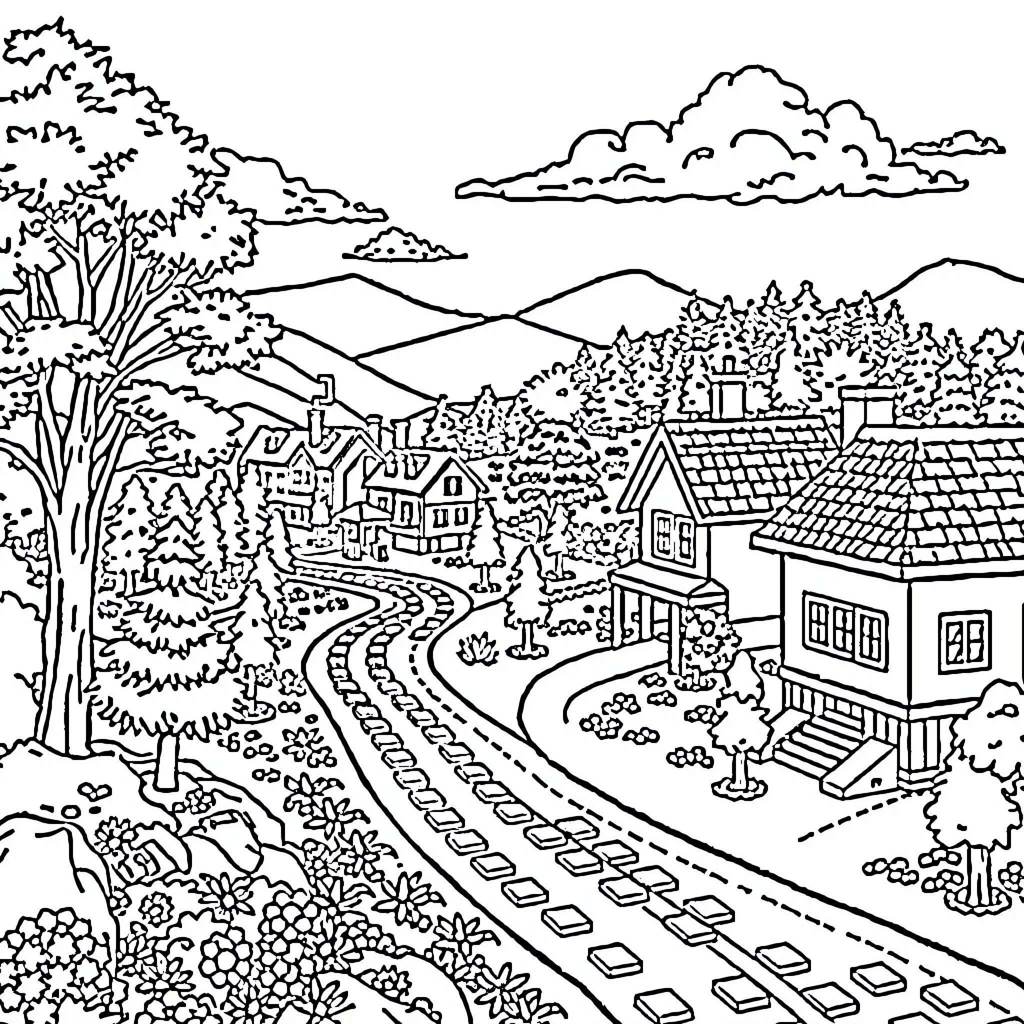 Lego Landscape with Buildings and Mountains Coloring Page (free black-and-white line drawing printable PDF for all, from beginners to advanced learners, including children, teens, adults, and seniors)