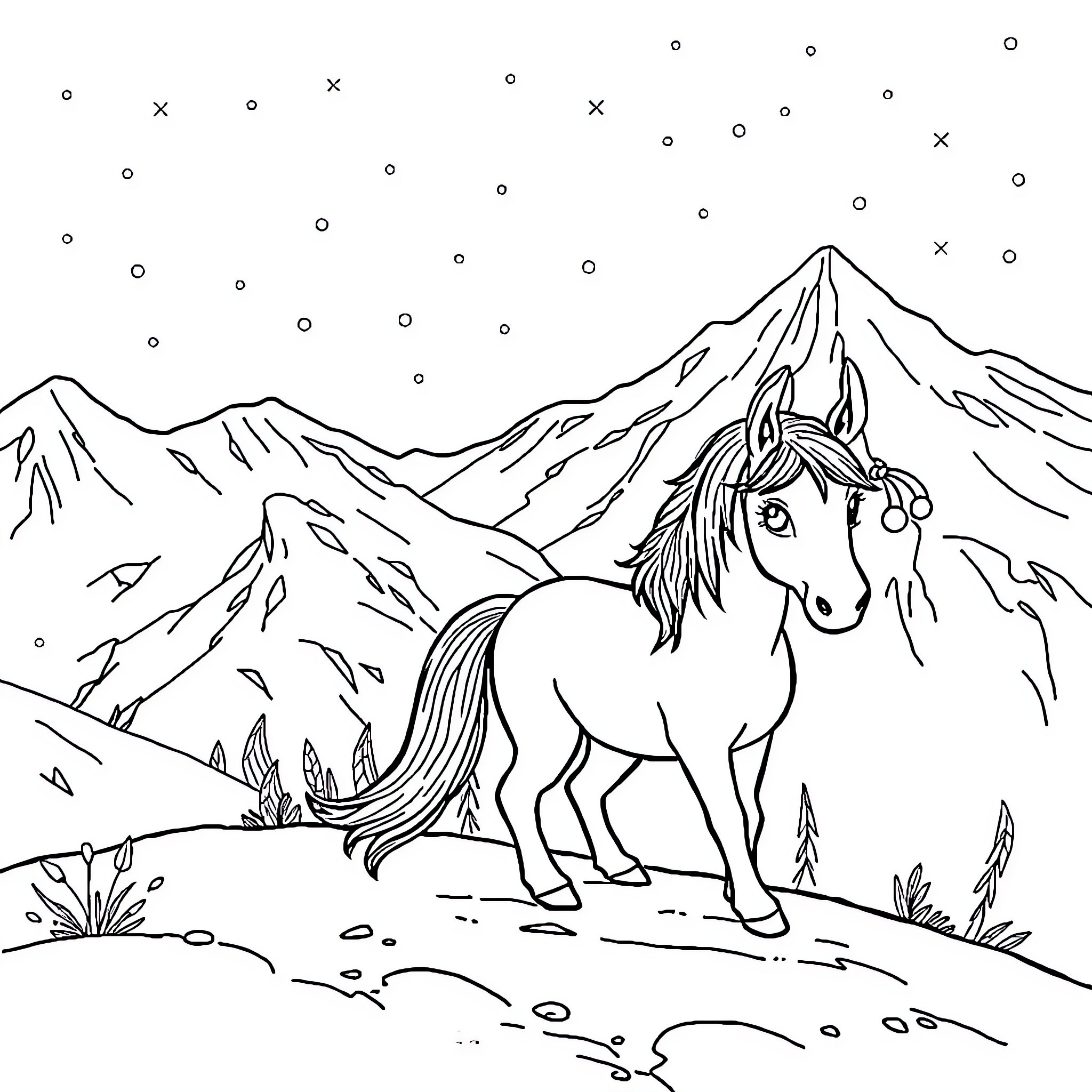 Snow Queen's Horse in Snowy Mountain Landscape Coloring Page (free black-and-white line drawing printable PDF for all, from beginners to advanced learners, including children, teens, adults, and seniors)