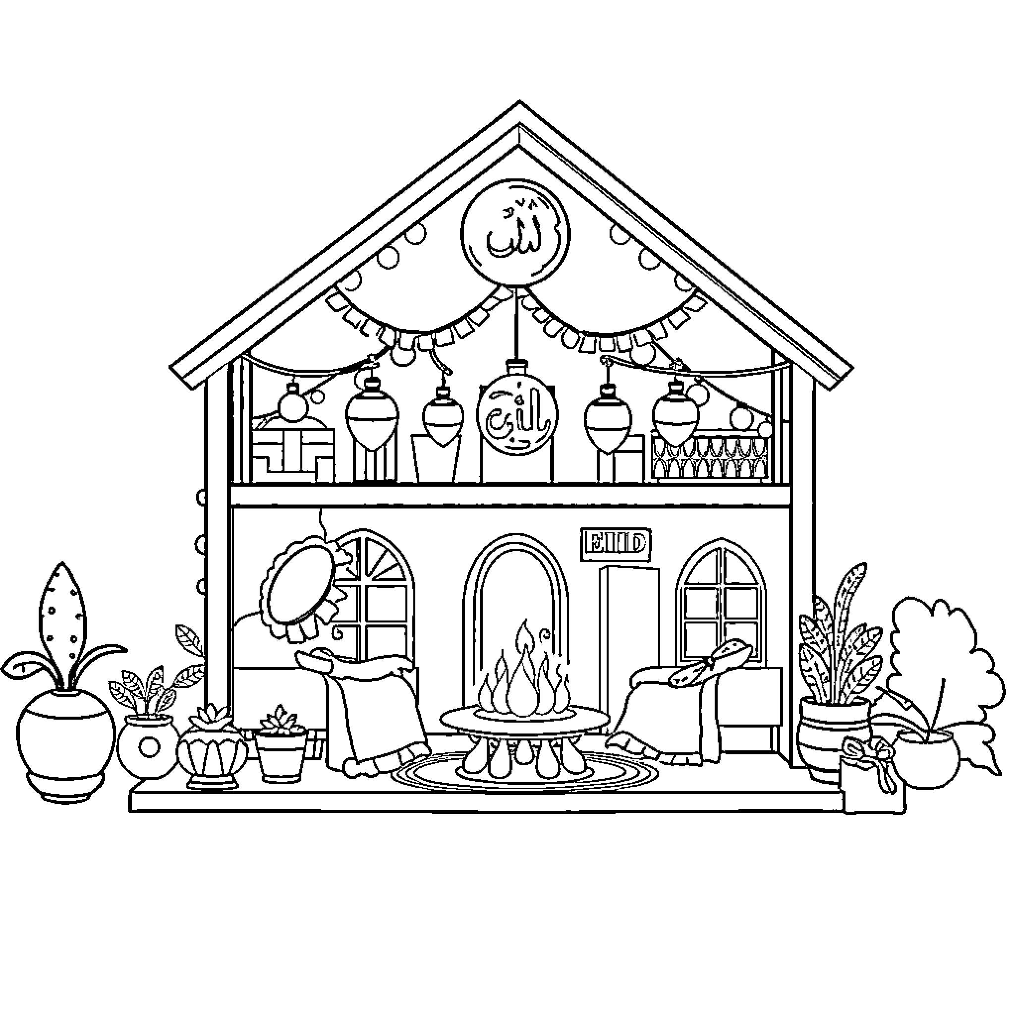 Gabby Dollhouse with Islamic decor and furnishings Coloring Page (free black-and-white line drawing printable PDF for all, from beginners to advanced learners, including children, teens, adults, and seniors)