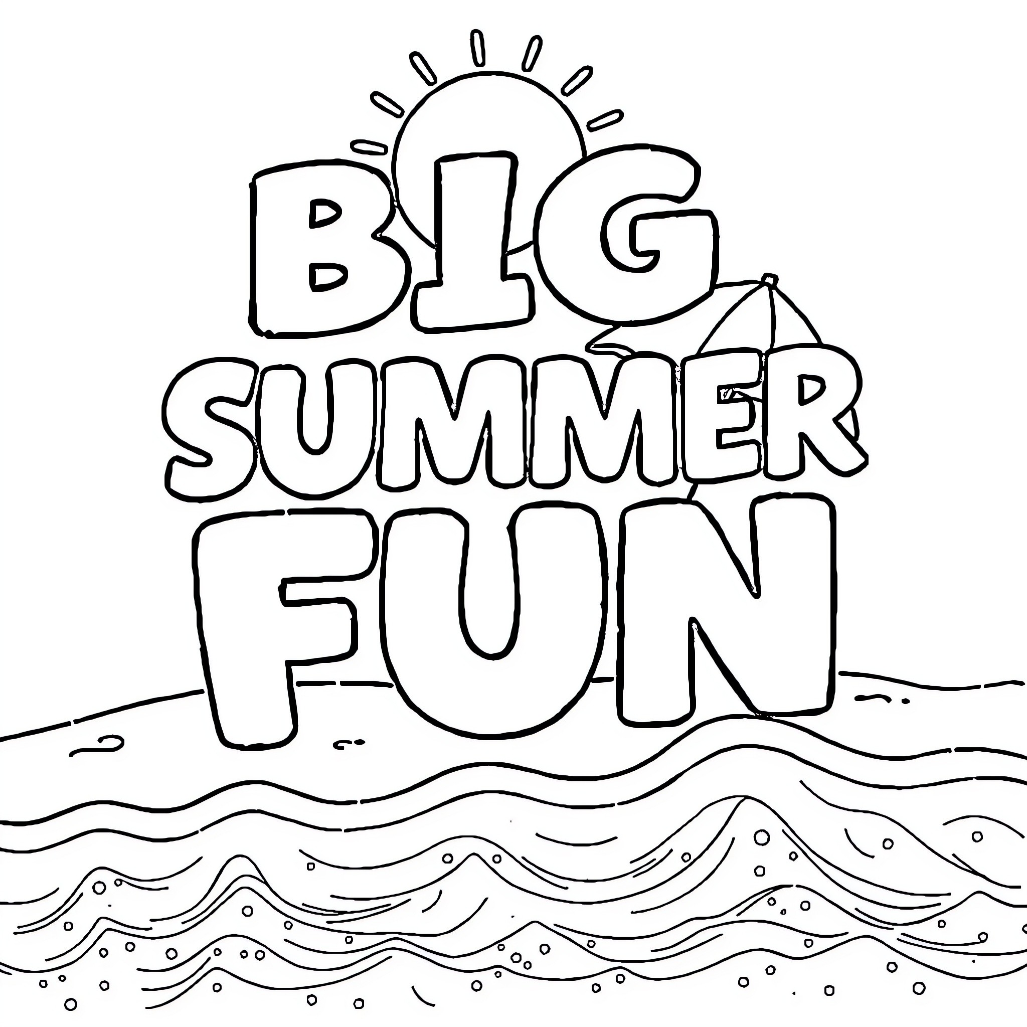Beach Scene with Big Summer Fun Lettering Coloring Page (free black-and-white line drawing printable PDF for all, from beginners to advanced learners, including children, teens, adults, and seniors)