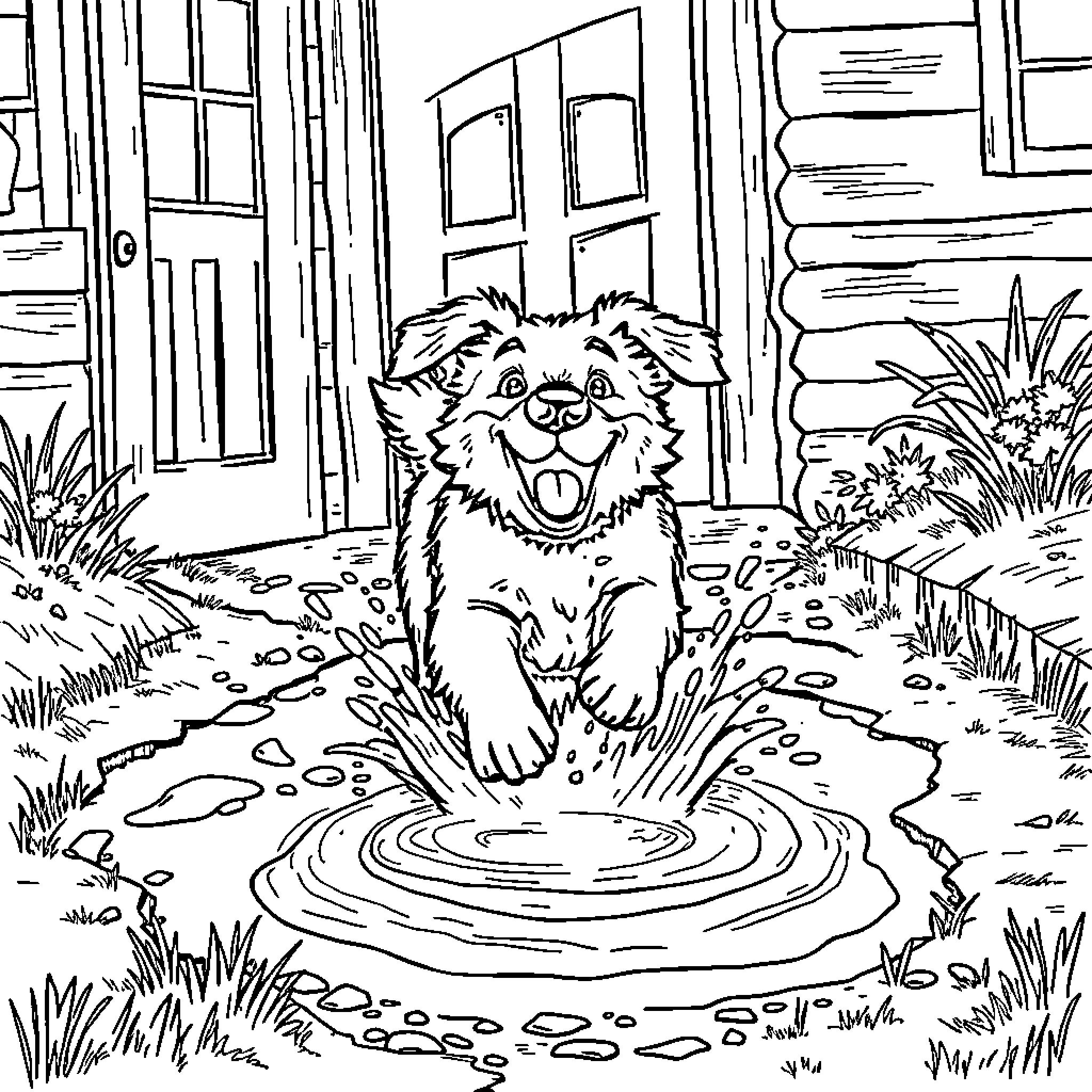 Dog Splashing in Puddle Outside Rustic Cabin Coloring Page (free black-and-white line drawing printable PDF for all, from beginners to advanced learners, including children, teens, adults, and seniors)