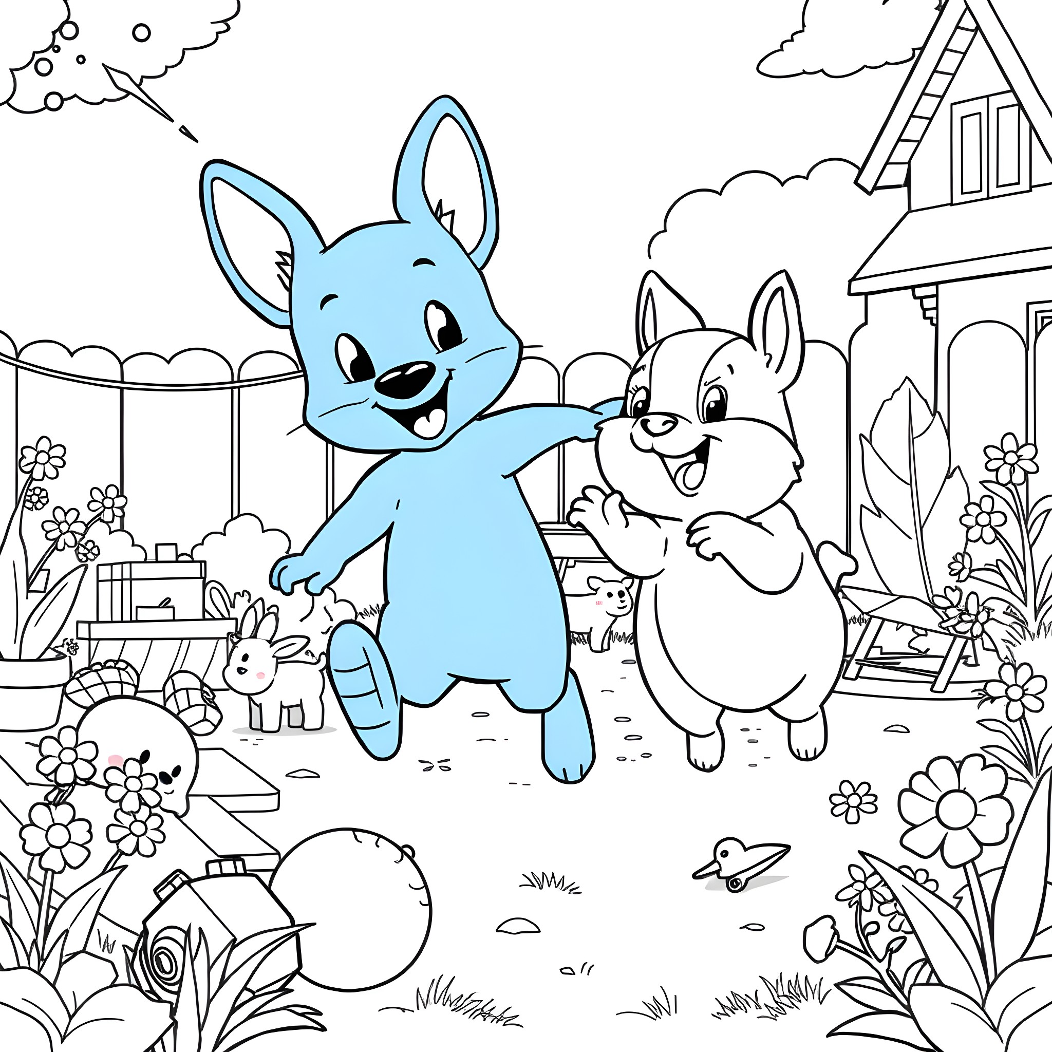 Bluey and Bingo Playing in the Backyard Coloring Page (free black-and-white line drawing printable PDF for all, from beginners to advanced learners, including children, teens, adults, and seniors)