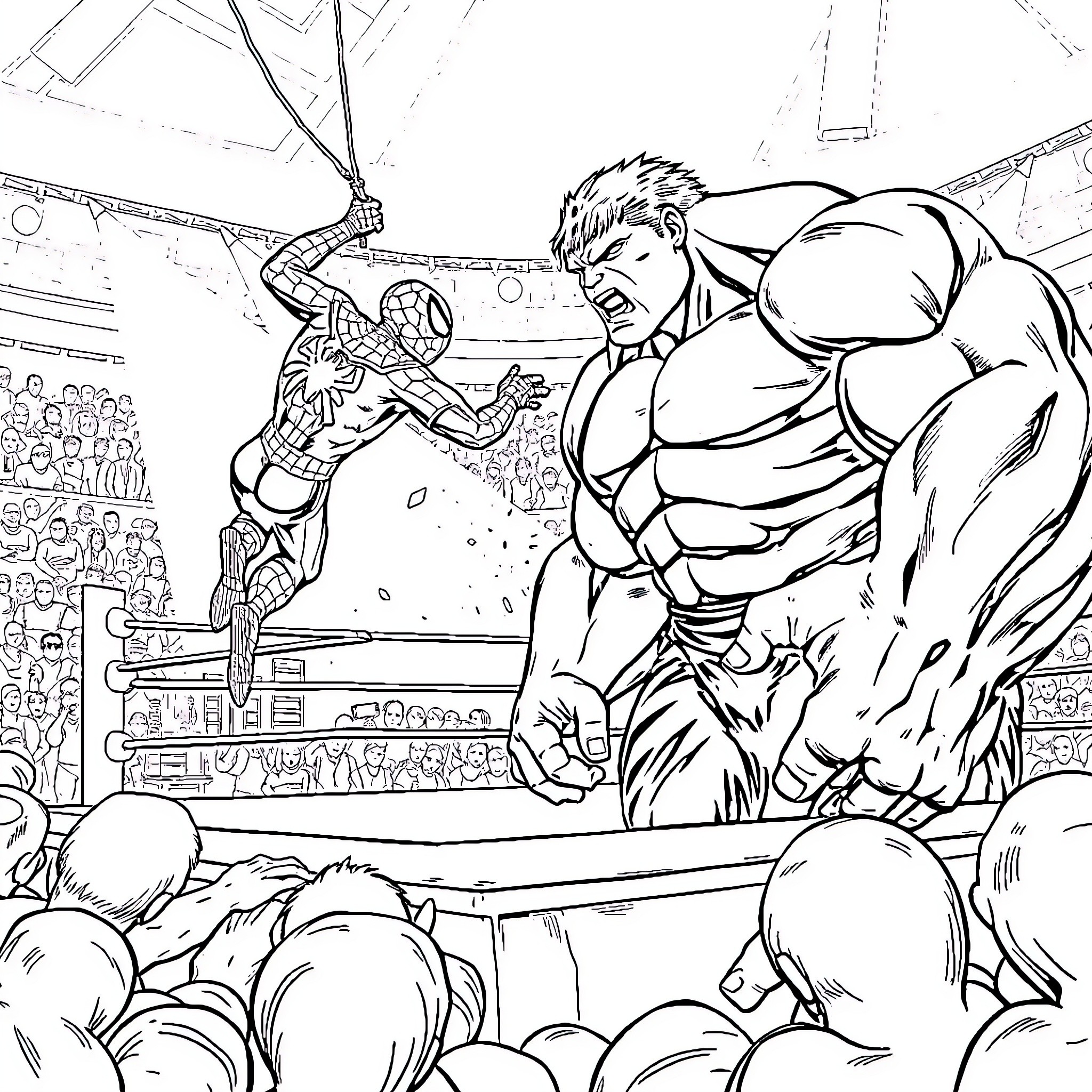 Spiderman battles a muscular foe in a crowded arena Coloring Page (free black-and-white line drawing printable PDF for all, from beginners to advanced learners, including children, teens, adults, and seniors)