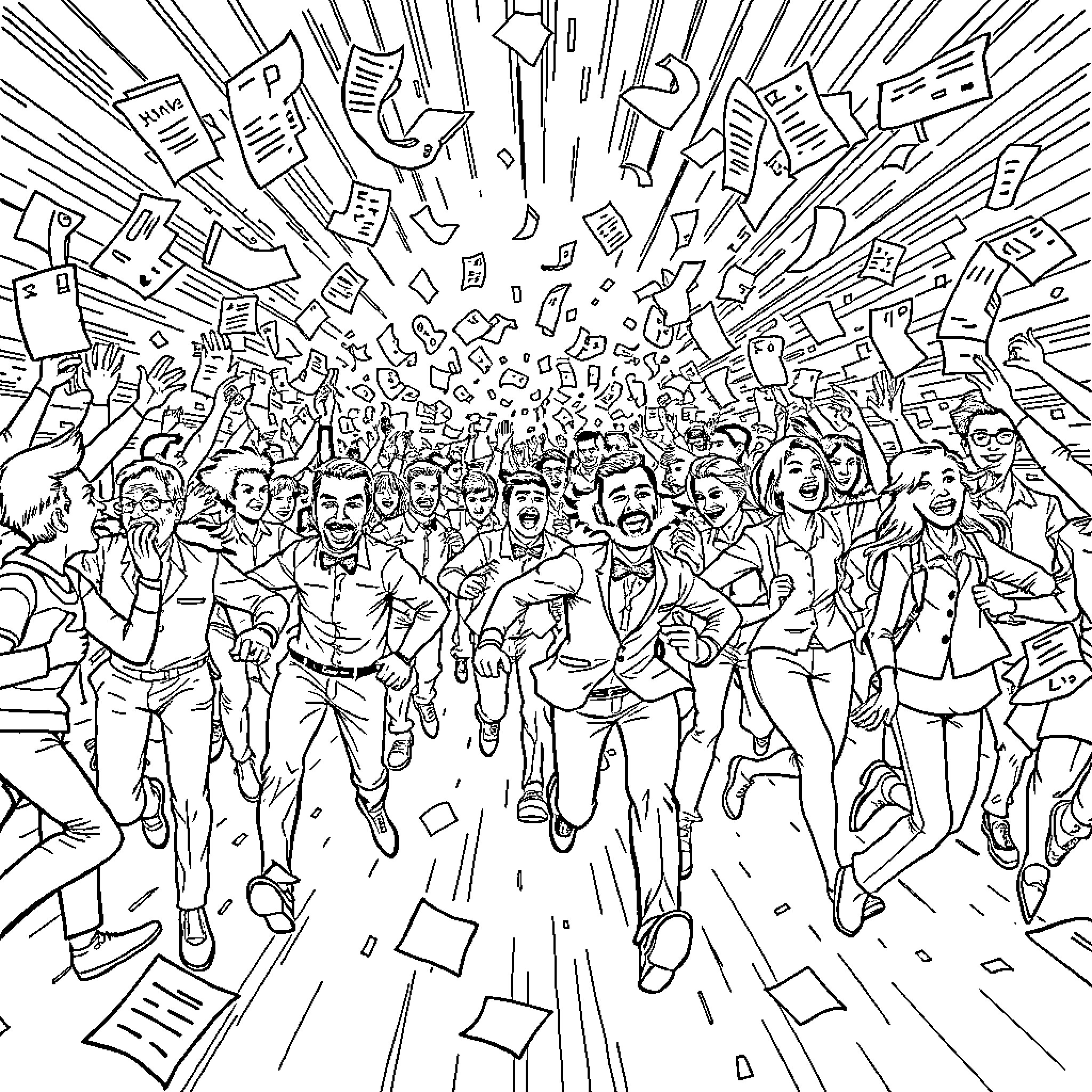Thing happening in a crowded and chaotic scene Coloring Page (free black-and-white line drawing printable PDF for all, from beginners to advanced learners, including children, teens, adults, and seniors)