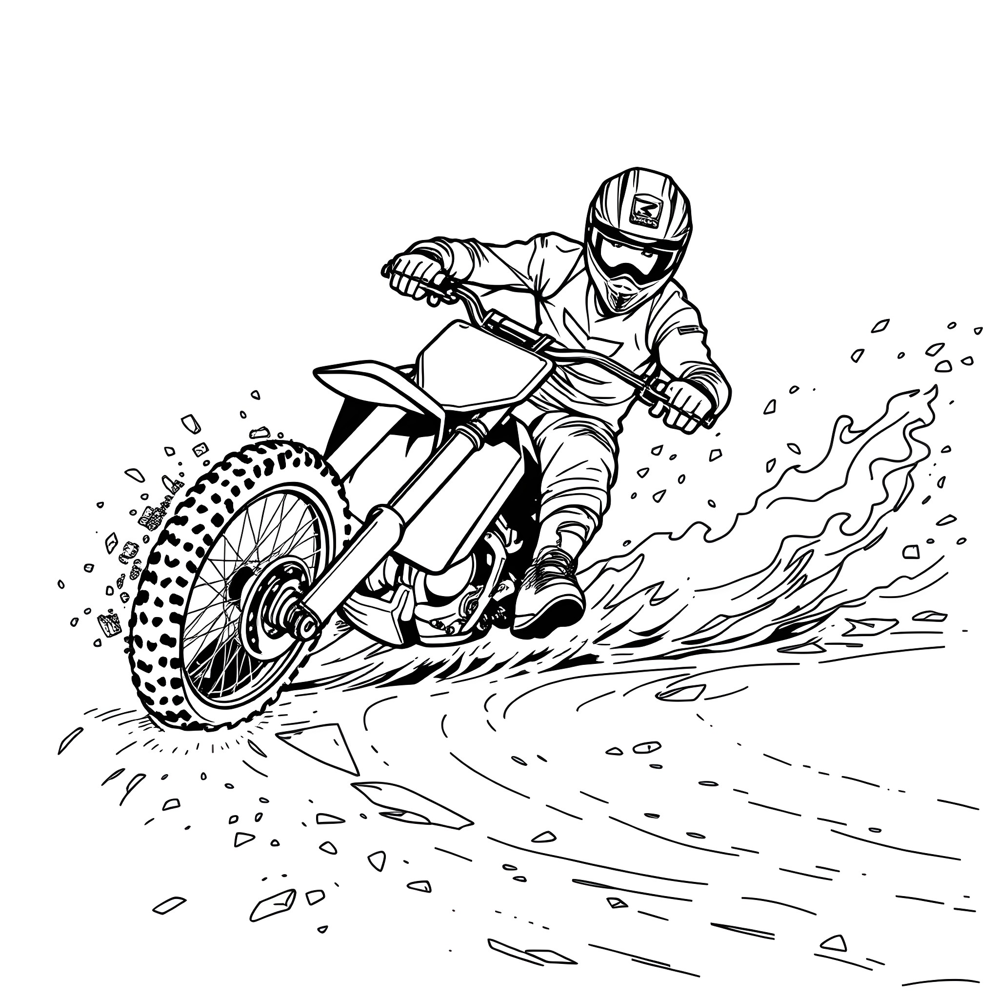 Motocross Bike Rider in Action on the Track Coloring Page (free black-and-white line drawing printable PDF for all, from beginners to advanced learners, including children, teens, adults, and seniors)