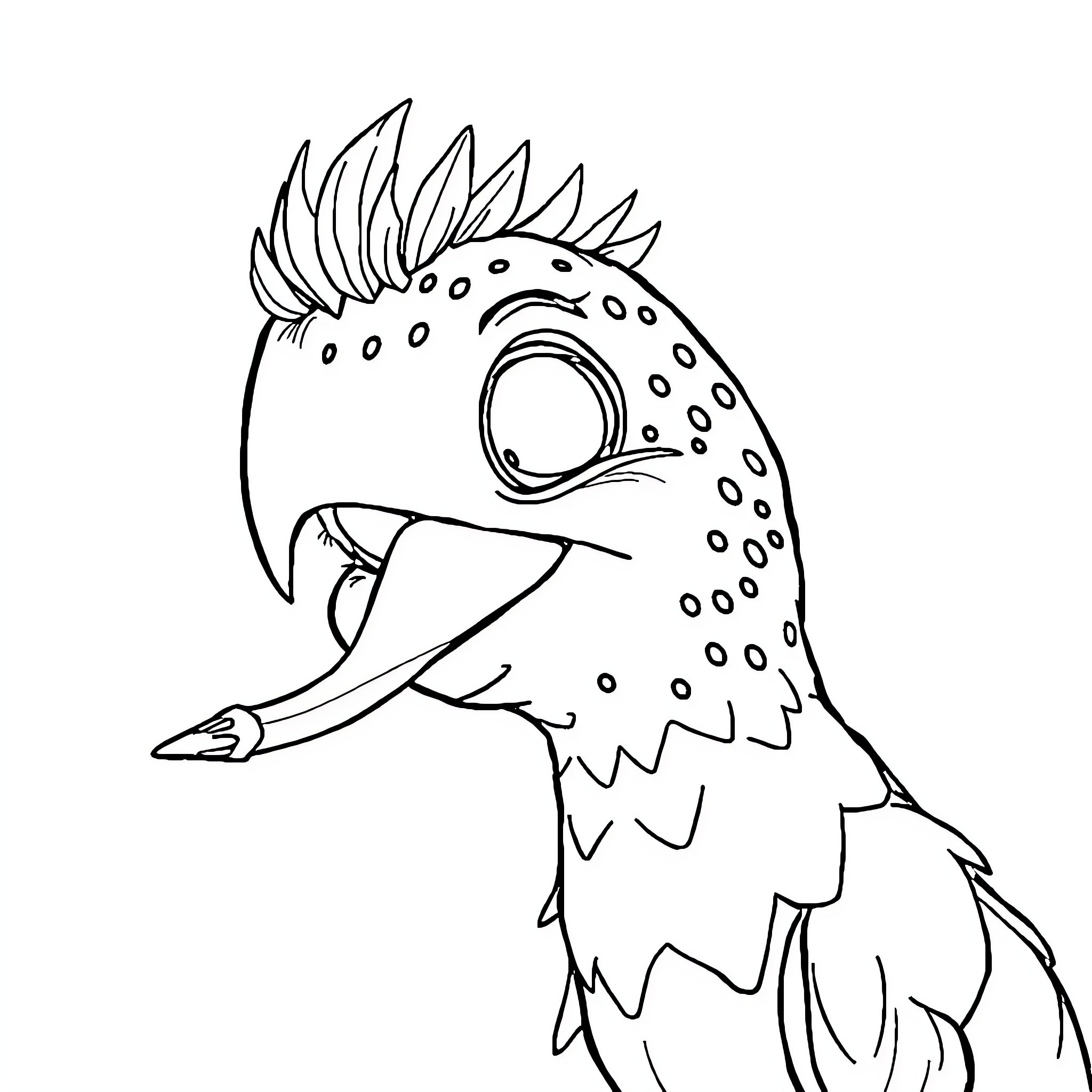 Milabubu cartoon-like bird with open beak Coloring Page (free black-and-white line drawing printable PDF for all, from beginners to advanced learners, including children, teens, adults, and seniors)