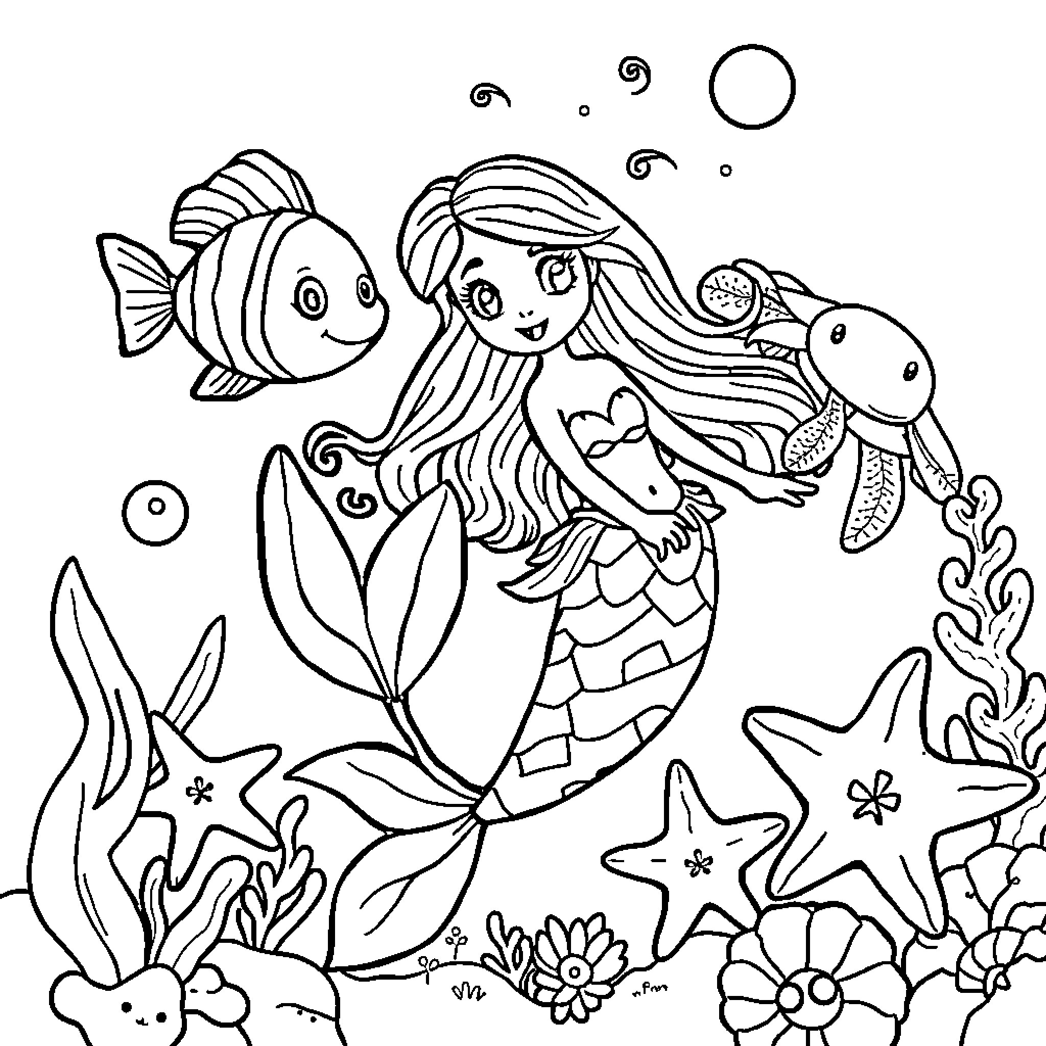 Mermaid swimming playfully with underwater creatures Coloring Page (free black-and-white line drawing printable PDF for all, from beginners to advanced learners, including children, teens, adults, and seniors)