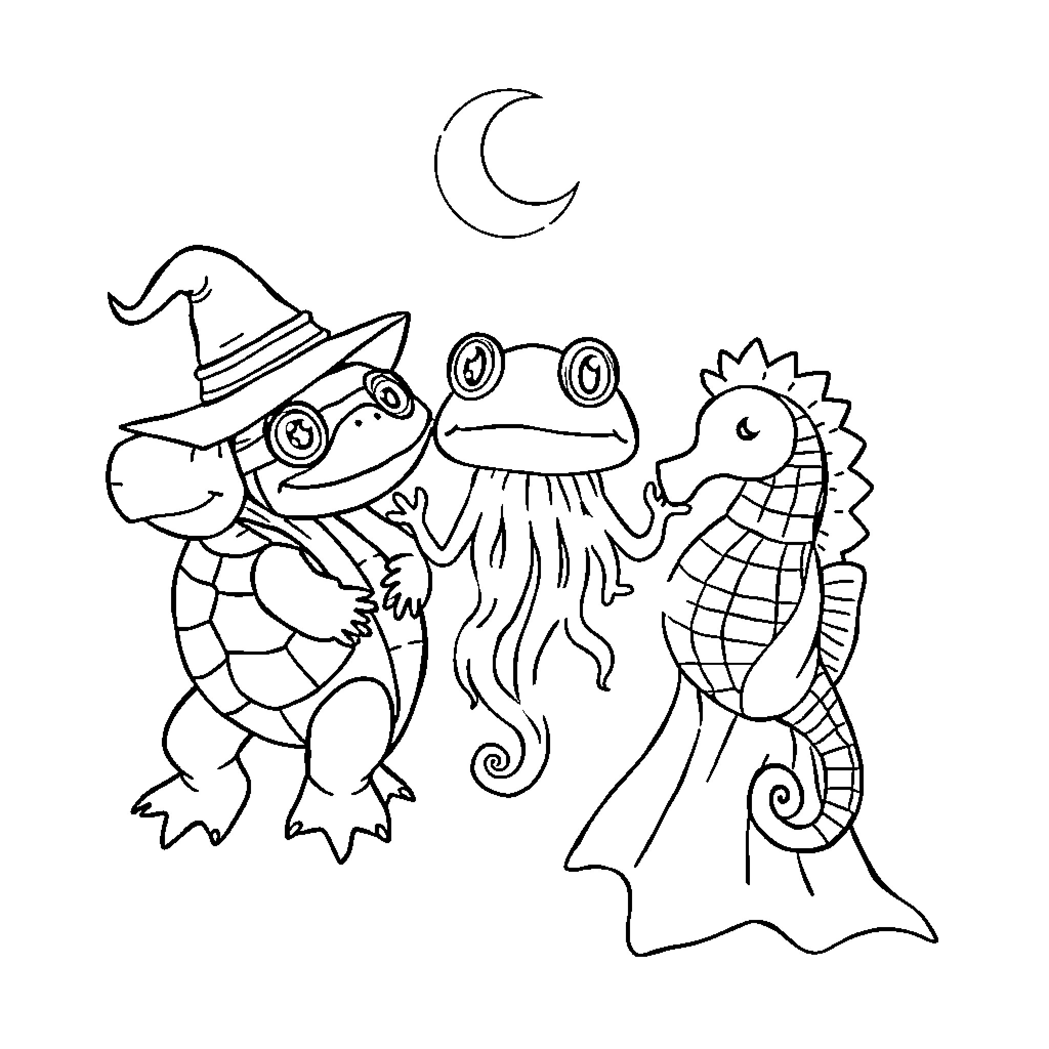 Turtles in Whimsical Costumes under the Moonlight Coloring Page (free black-and-white line drawing printable PDF for all, from beginners to advanced learners, including children, teens, adults, and seniors)