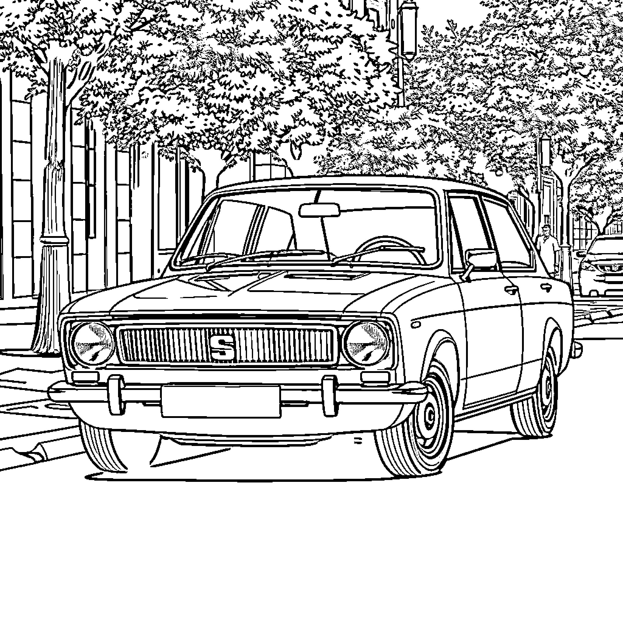 Car parked on street with trees Coloring Page (free black-and-white line drawing printable PDF for all, from beginners to advanced learners, including children, teens, adults, and seniors)