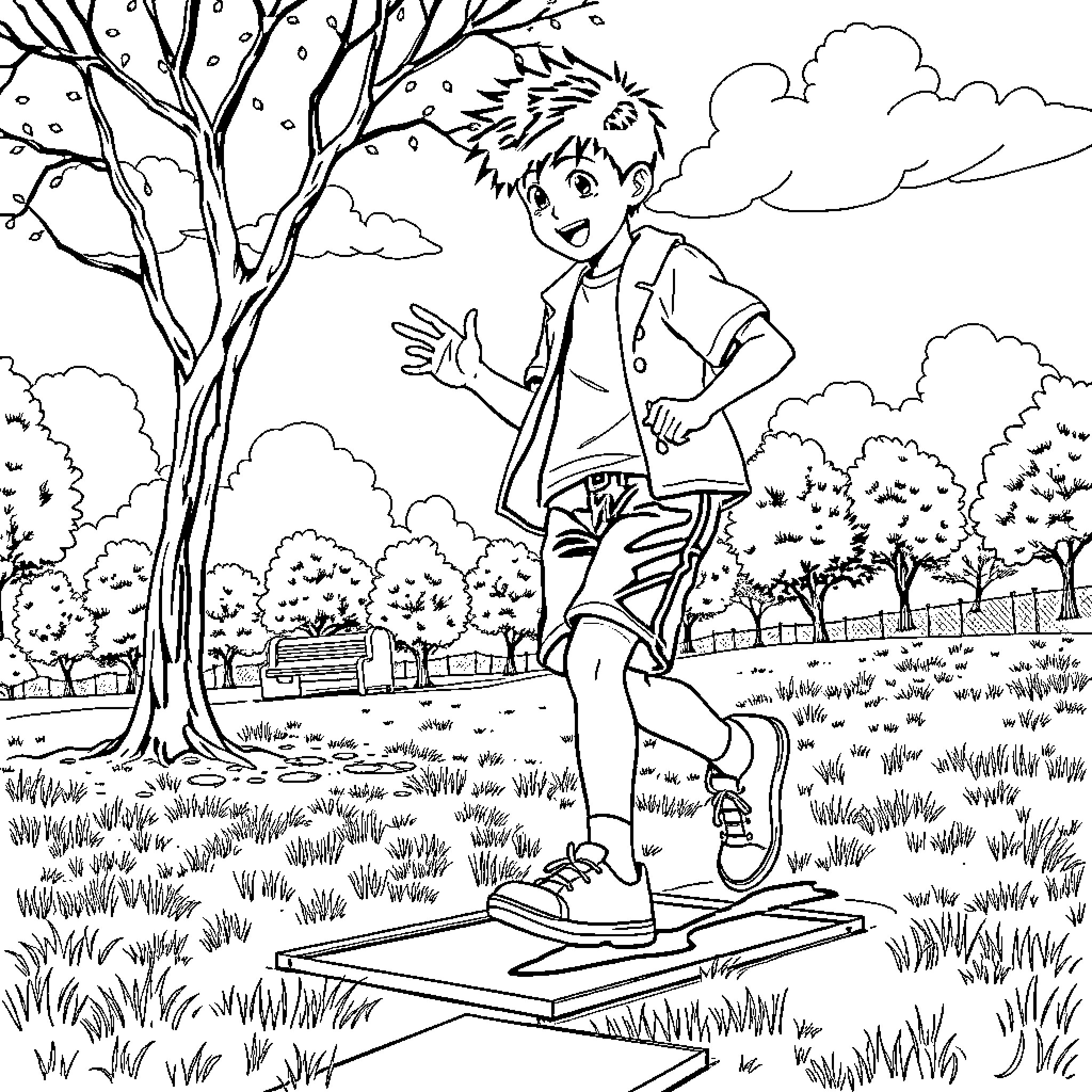 Yusuke Urameshi enjoying the outdoors with exuberance Coloring Page (free black-and-white line drawing printable PDF for all, from beginners to advanced learners, including children, teens, adults, and seniors)