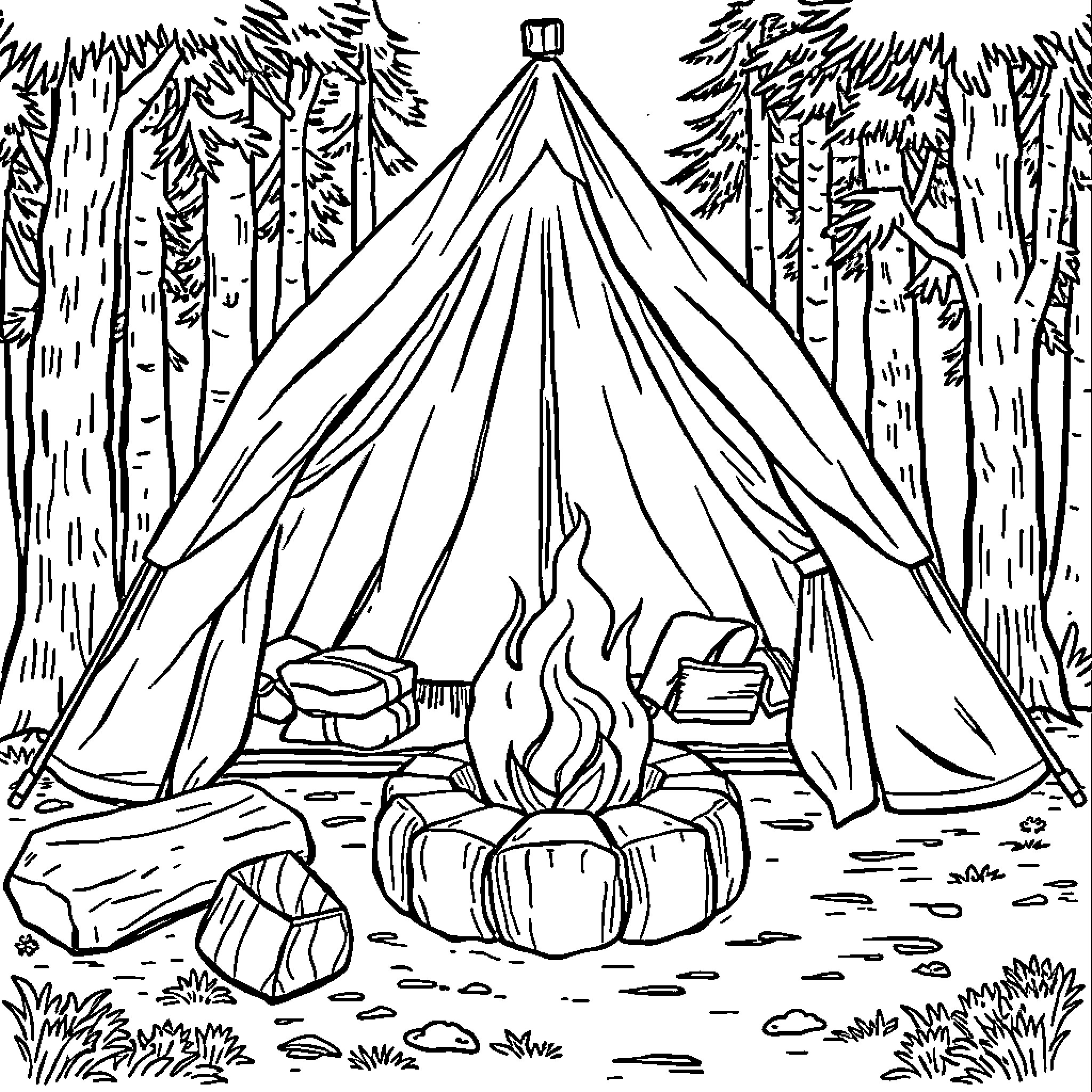 Tent camp in the forest wilderness Coloring Page (free black-and-white line drawing printable PDF for all, from beginners to advanced learners, including children, teens, adults, and seniors)