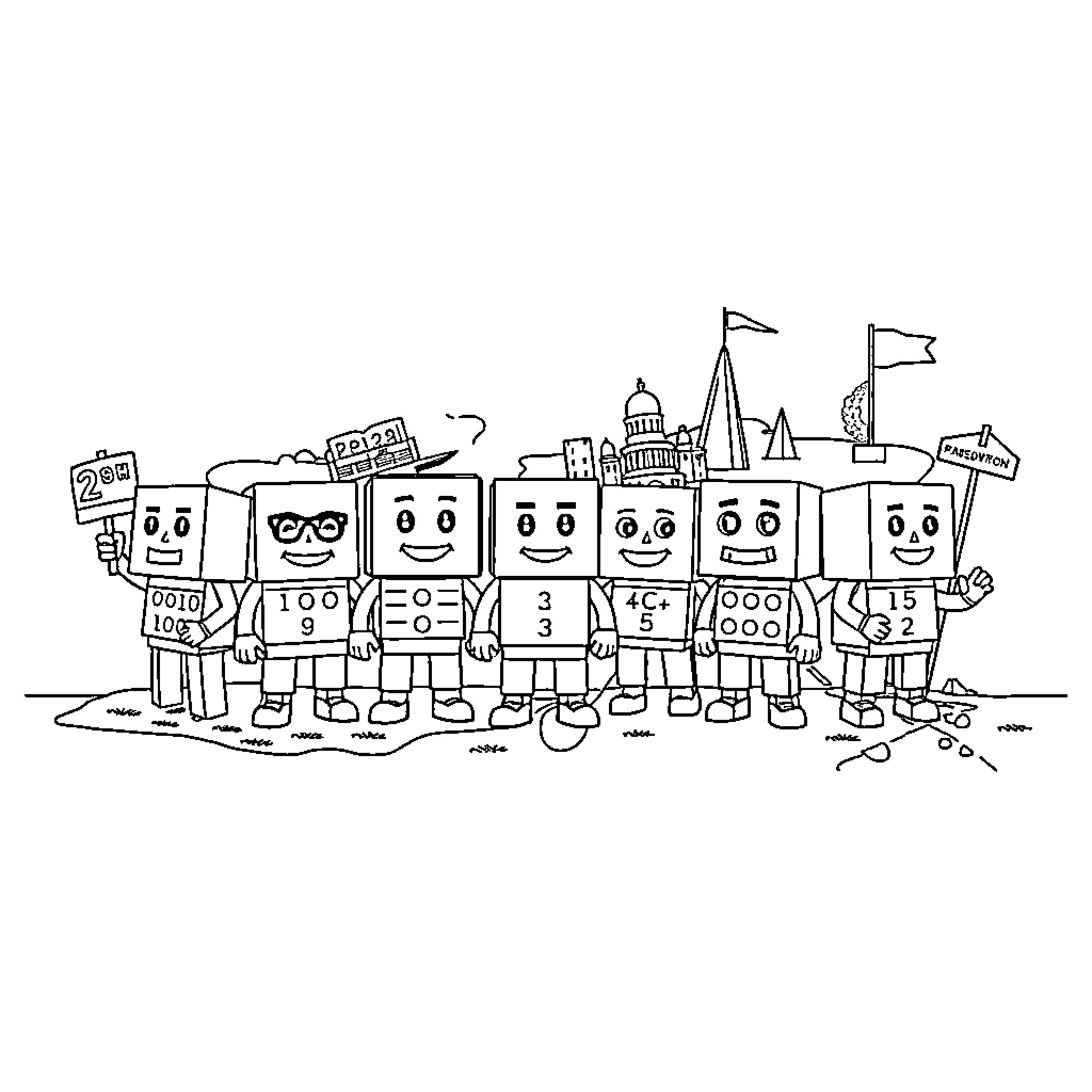 Numberblocks characters in a playful group scene Coloring Page (free black-and-white line drawing printable PDF for all, from beginners to advanced learners, including children, teens, adults, and seniors)