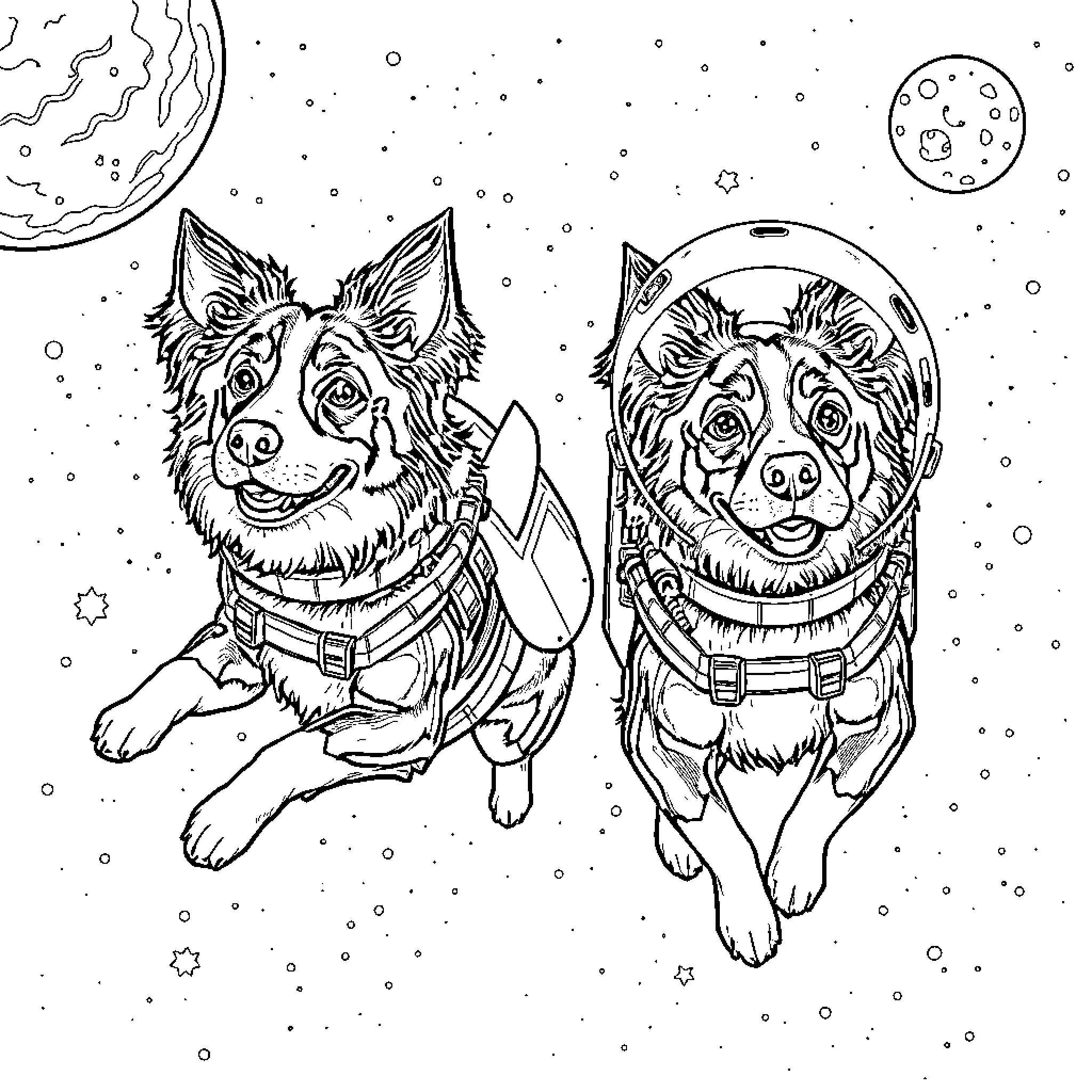 Border Collie Astronauts Exploring the Galaxy Coloring Page (free black-and-white line drawing printable PDF for all, from beginners to advanced learners, including children, teens, adults, and seniors)