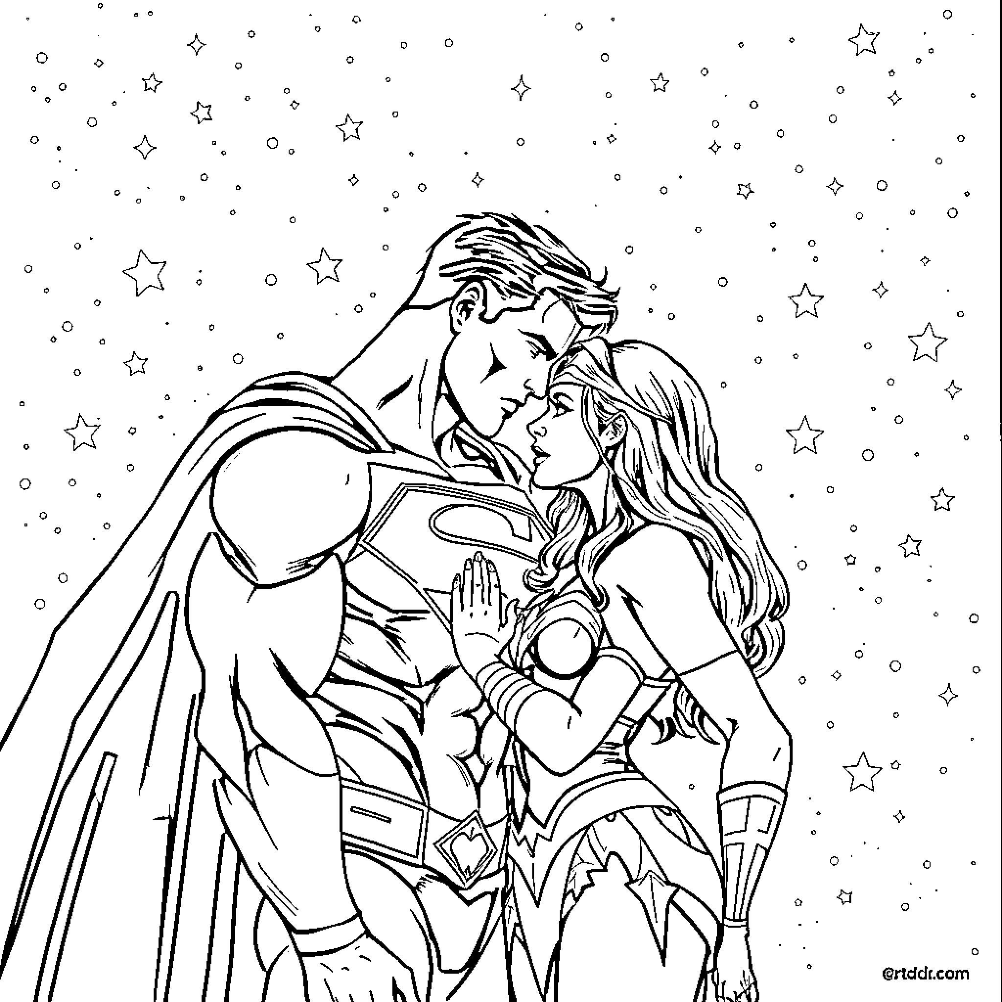 Superman and Wonder Woman in romantic embrace under starry sky Coloring Page (free black-and-white line drawing printable PDF for all, from beginners to advanced learners, including children, teens, adults, and seniors)
