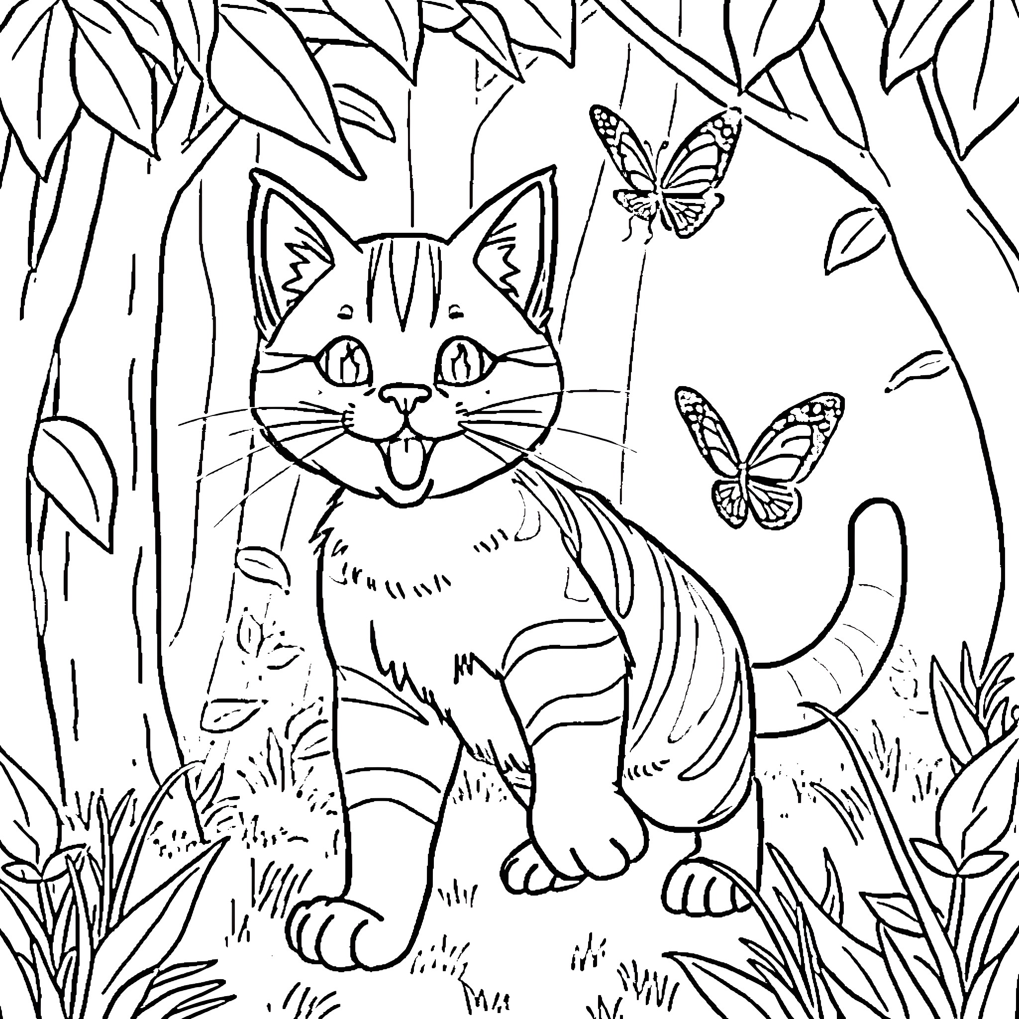 Tabby Cat Surrounded by Butterflies in Lush Foliage Coloring Page (free black-and-white line drawing printable PDF for all, from beginners to advanced learners, including children, teens, adults, and seniors)