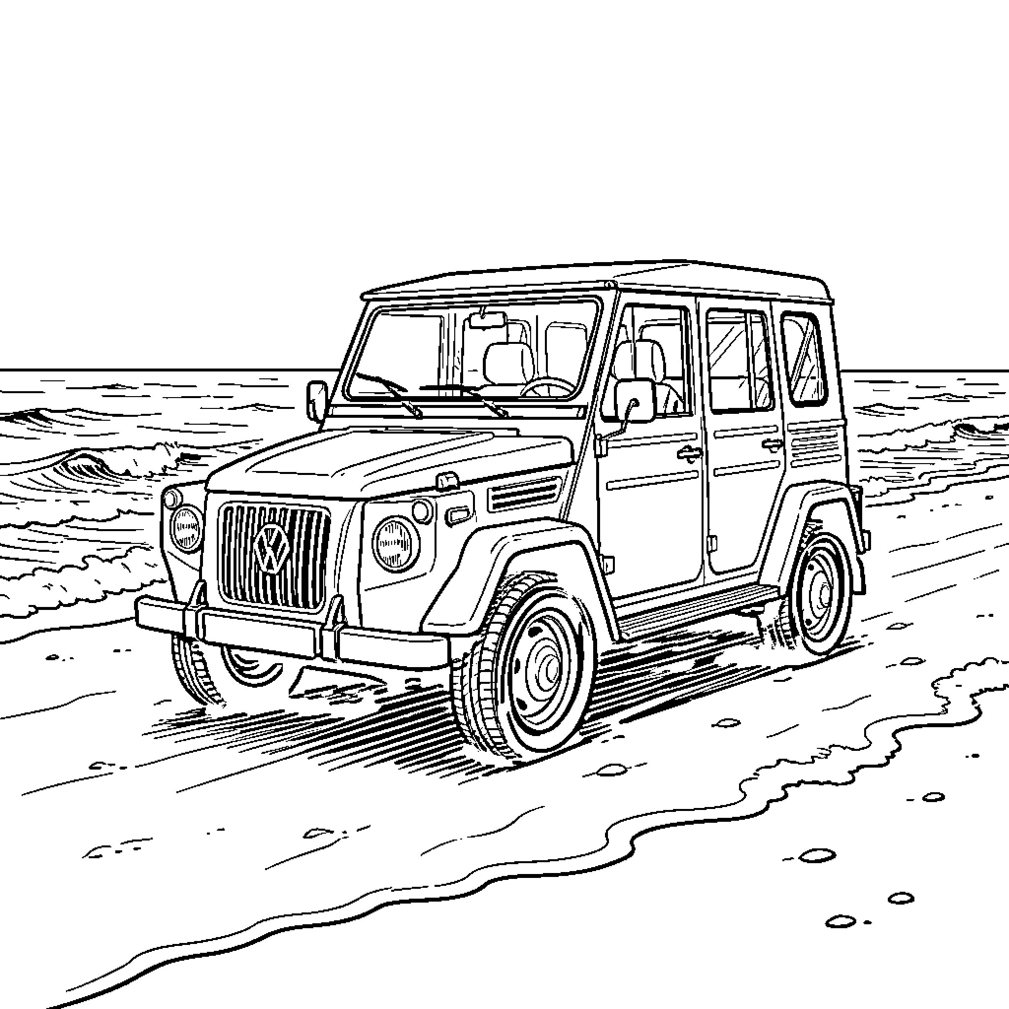 Volkswagen vehicle driving along a scenic beach shoreline Coloring Page (free black-and-white line drawing printable PDF for all, from beginners to advanced learners, including children, teens, adults, and seniors)