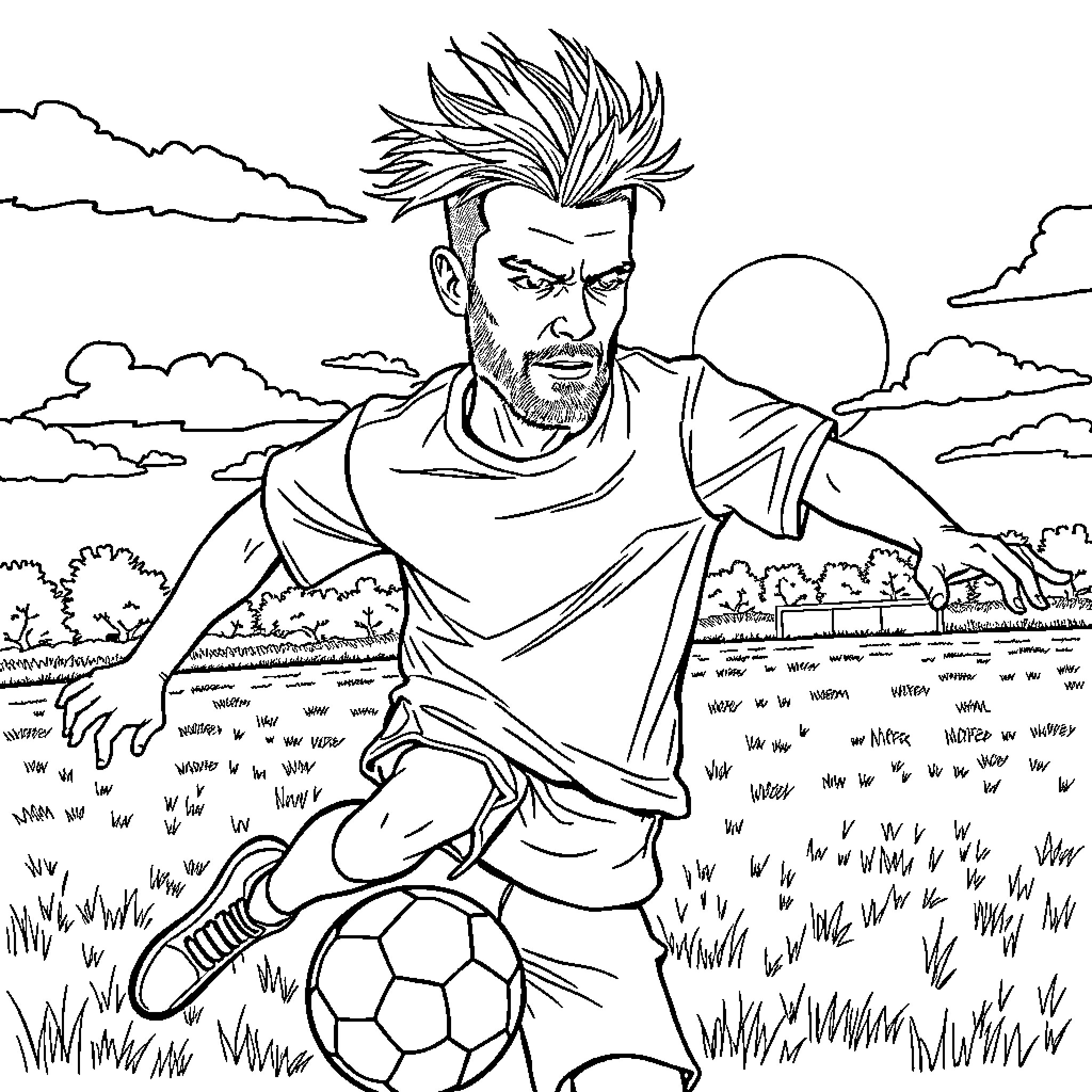 Weed Man Playing Soccer in the Field Coloring Page (free black-and-white line drawing printable PDF for all, from beginners to advanced learners, including children, teens, adults, and seniors)