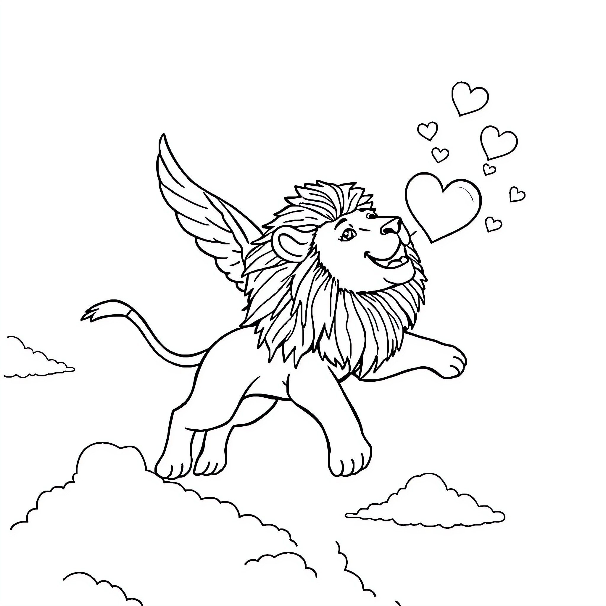 Lion spreading its wings with hearts in the sky Coloring Page (free black-and-white line drawing printable PDF for all, from beginners to advanced learners, including children, teens, adults, and seniors)
