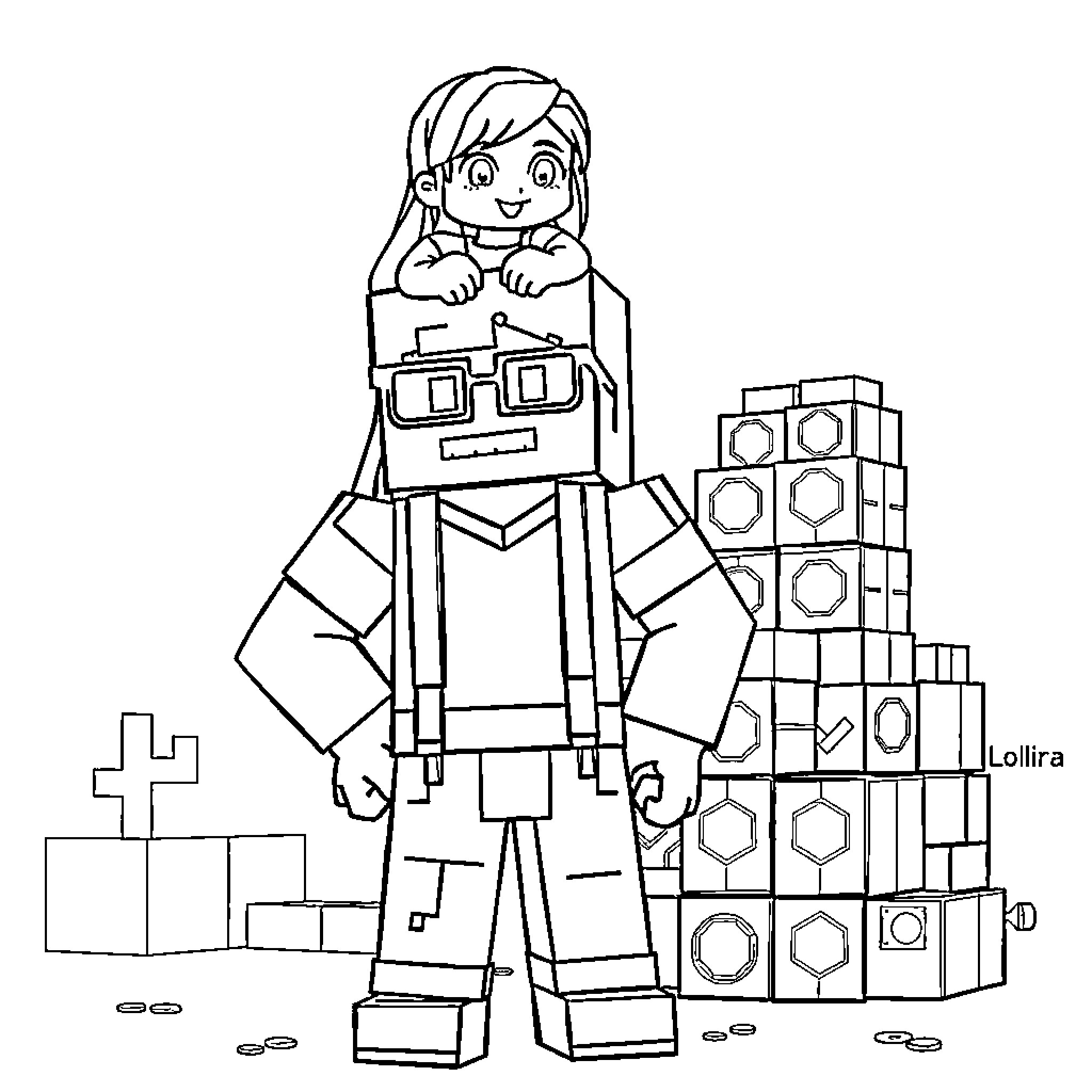 Minecraft Character Building Blocks with Smile Coloring Page (free black-and-white line drawing printable PDF for all, from beginners to advanced learners, including children, teens, adults, and seniors)