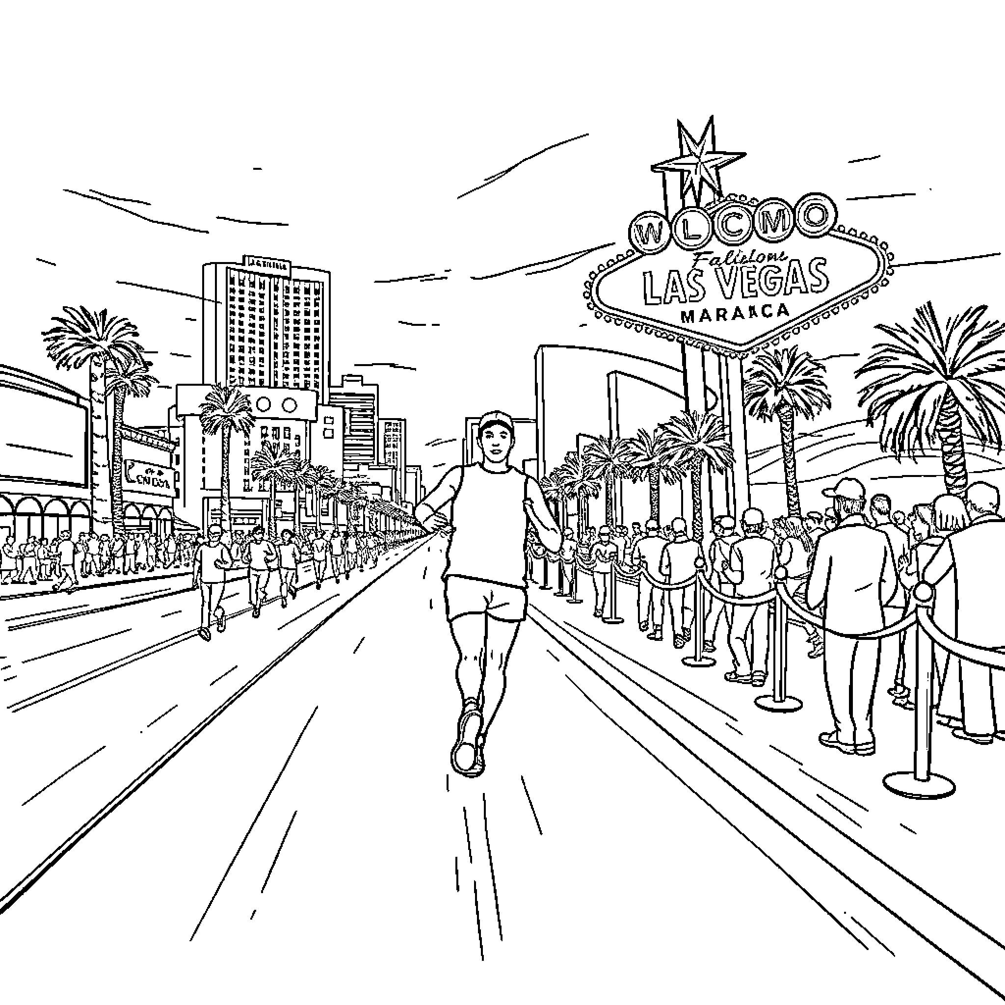 Runner racing through the iconic streets of Las Vegas Coloring Page (free black-and-white line drawing printable PDF for all, from beginners to advanced learners, including children, teens, adults, and seniors)