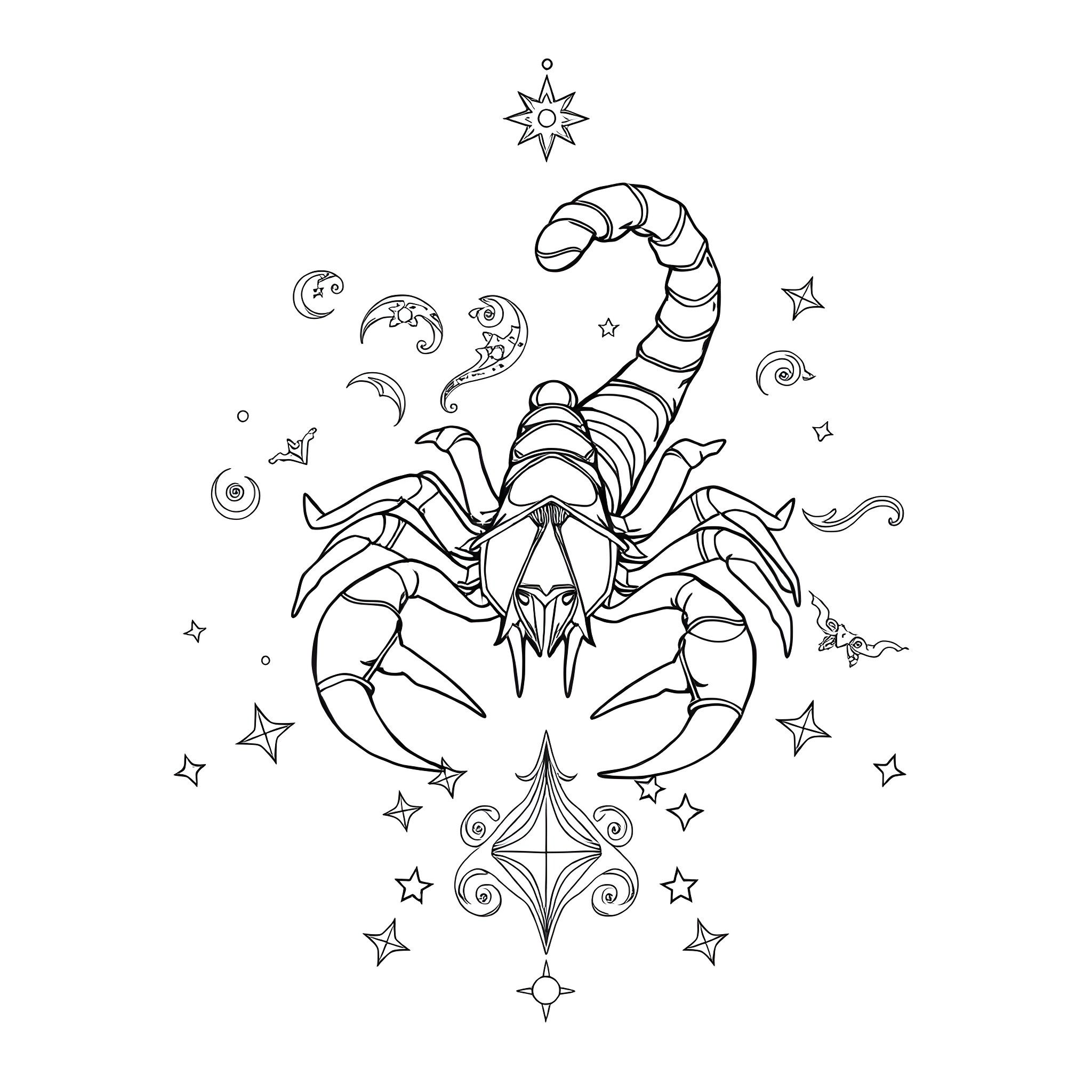Scorpio astrological symbol with stars and cosmic elements Coloring Page (free black-and-white line drawing printable PDF for all, from beginners to advanced learners, including children, teens, adults, and seniors)