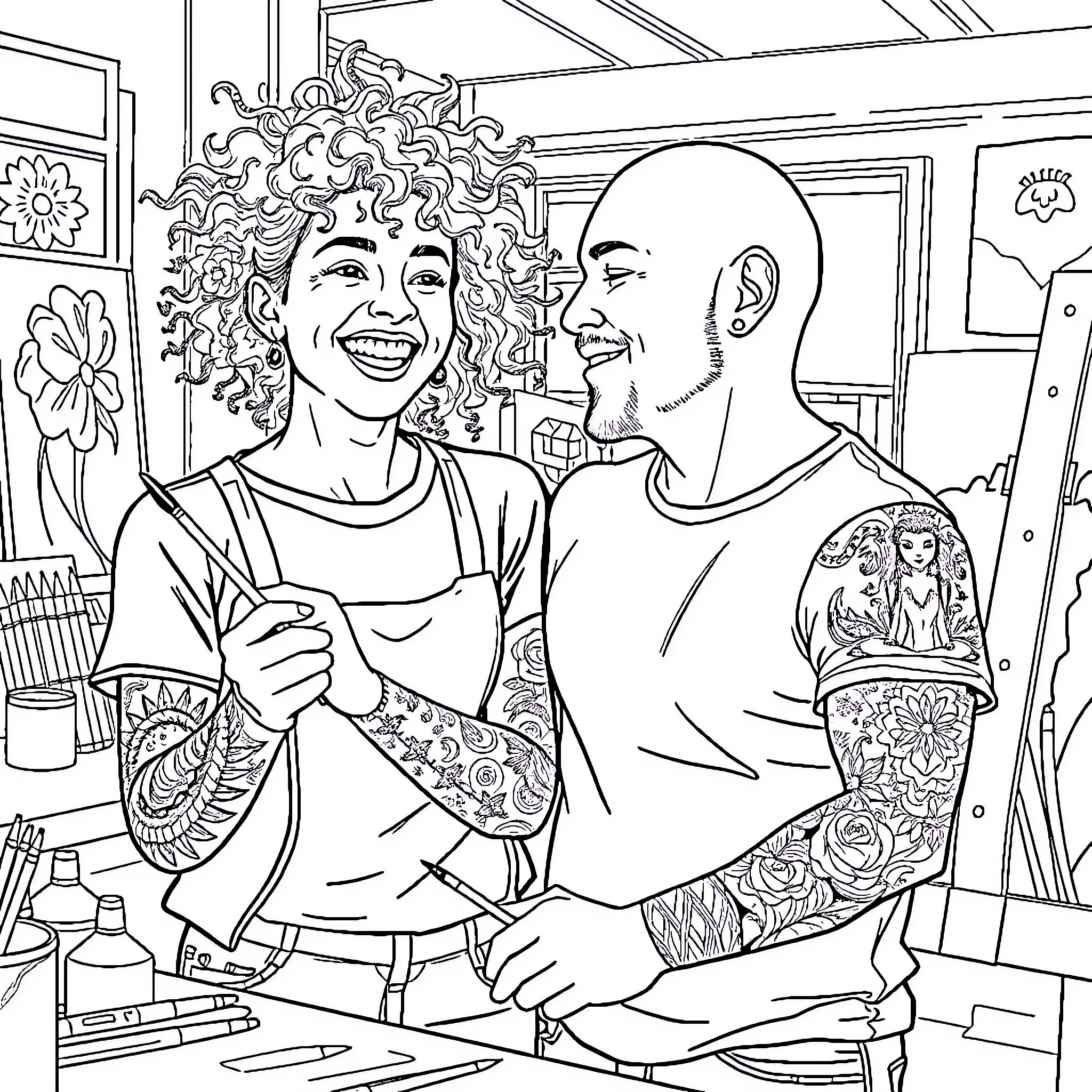 Woman sharing a joyful moment with her partner Coloring Page (free black-and-white line drawing printable PDF for all, from beginners to advanced learners, including children, teens, adults, and seniors)
