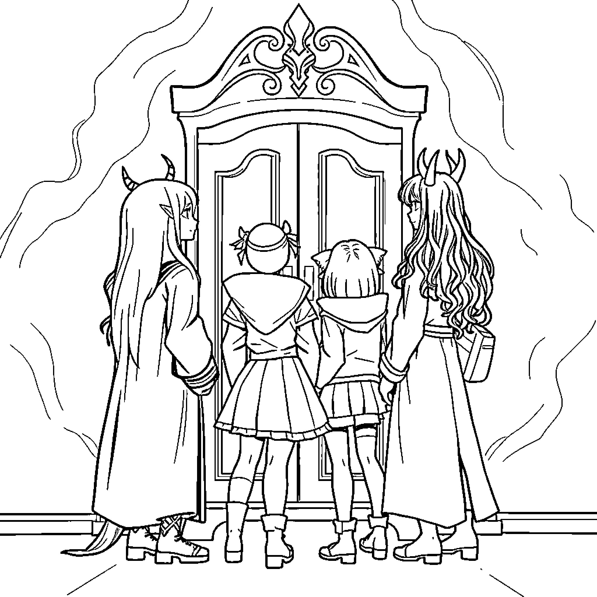 Rumi and friends in front of ornate doorway Coloring Page (free black-and-white line drawing printable PDF for all, from beginners to advanced learners, including children, teens, adults, and seniors)