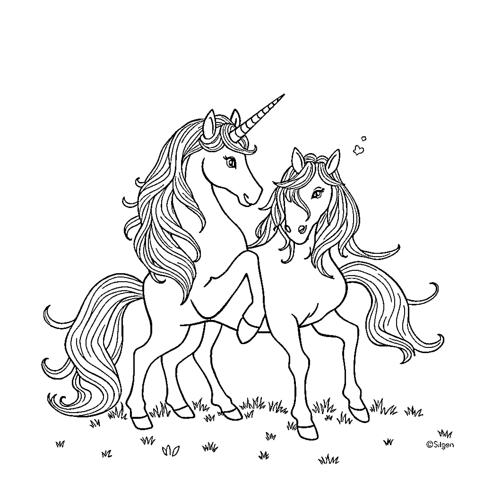 Unicorn friends enjoying a magical moment Coloring Page (free black-and-white line drawing printable PDF for all, from beginners to advanced learners, including children, teens, adults, and seniors)