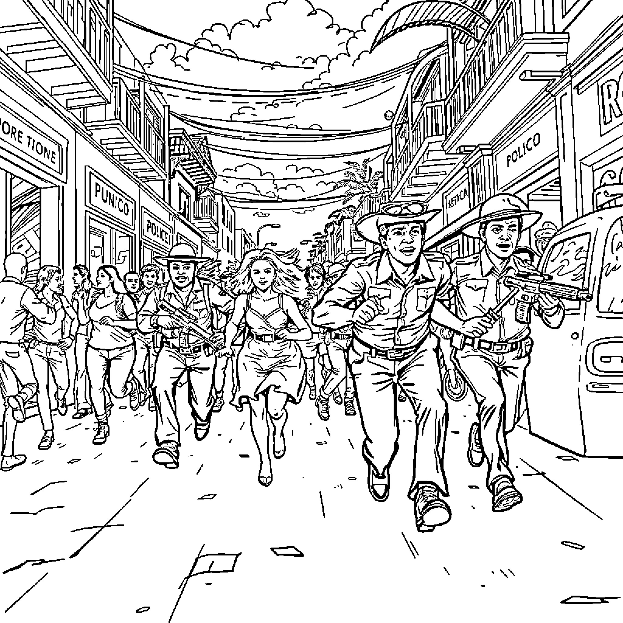 Mexican crowds running through busy urban streets Coloring Page (free black-and-white line drawing printable PDF for all, from beginners to advanced learners, including children, teens, adults, and seniors)