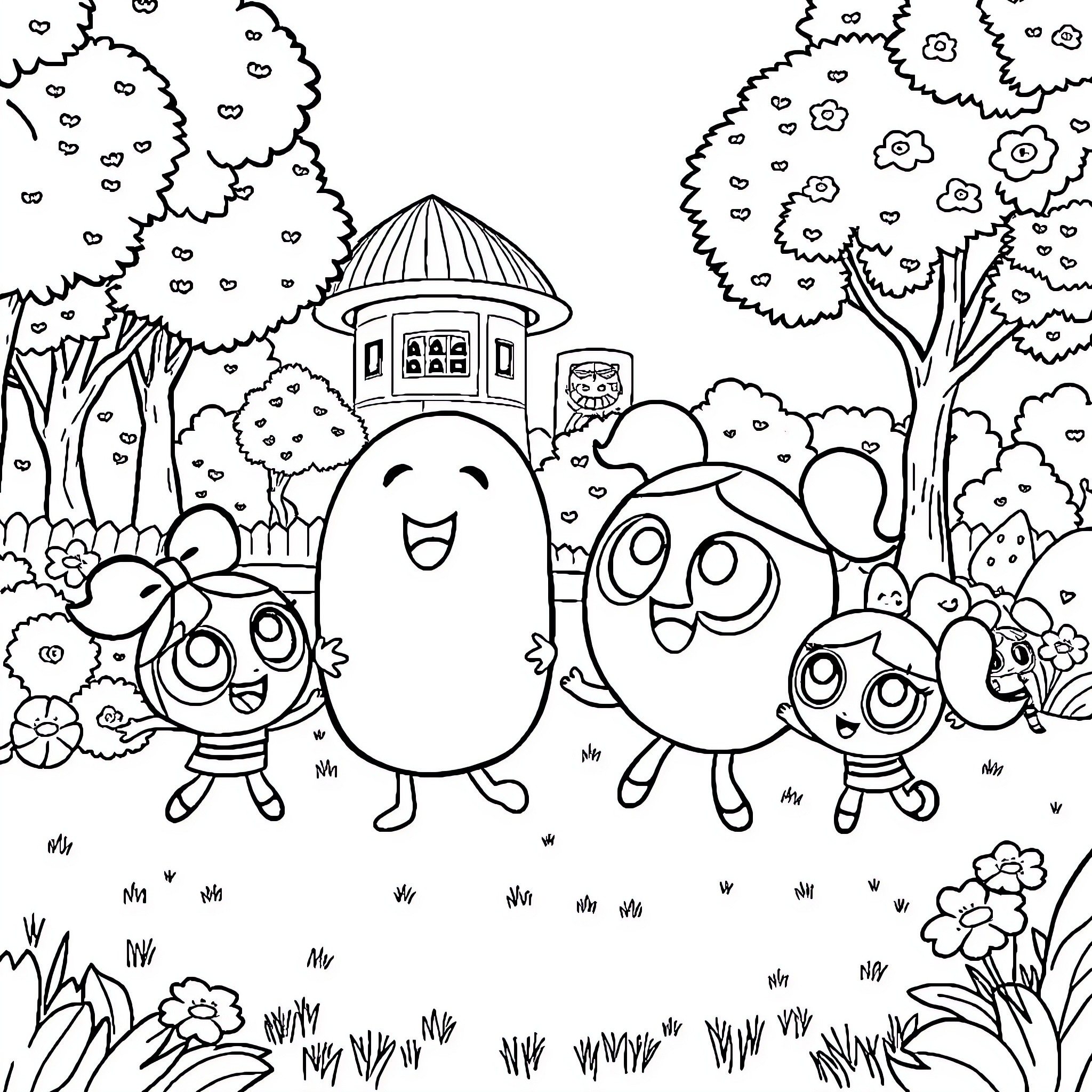 Cocomelon Characters in a Whimsical Outdoor Scene Coloring Page (free black-and-white line drawing printable PDF for all, from beginners to advanced learners, including children, teens, adults, and seniors)