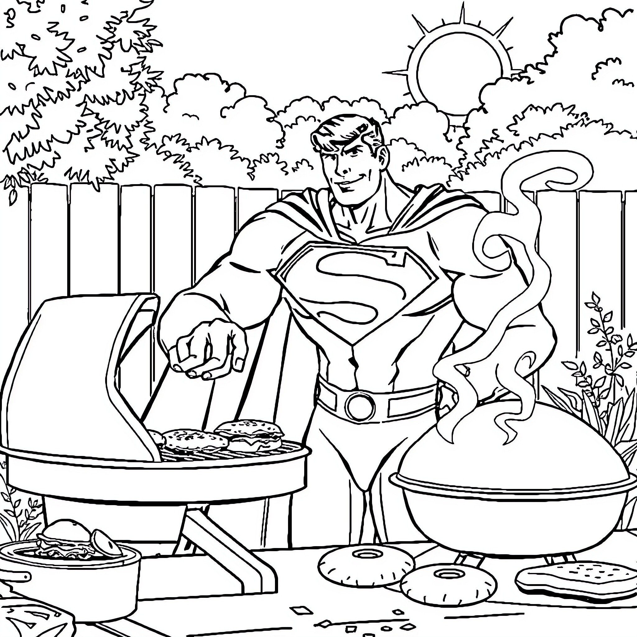 Superman barbecuing outdoors in a natural setting Coloring Page (free black-and-white line drawing printable PDF for all, from beginners to advanced learners, including children, teens, adults, and seniors)