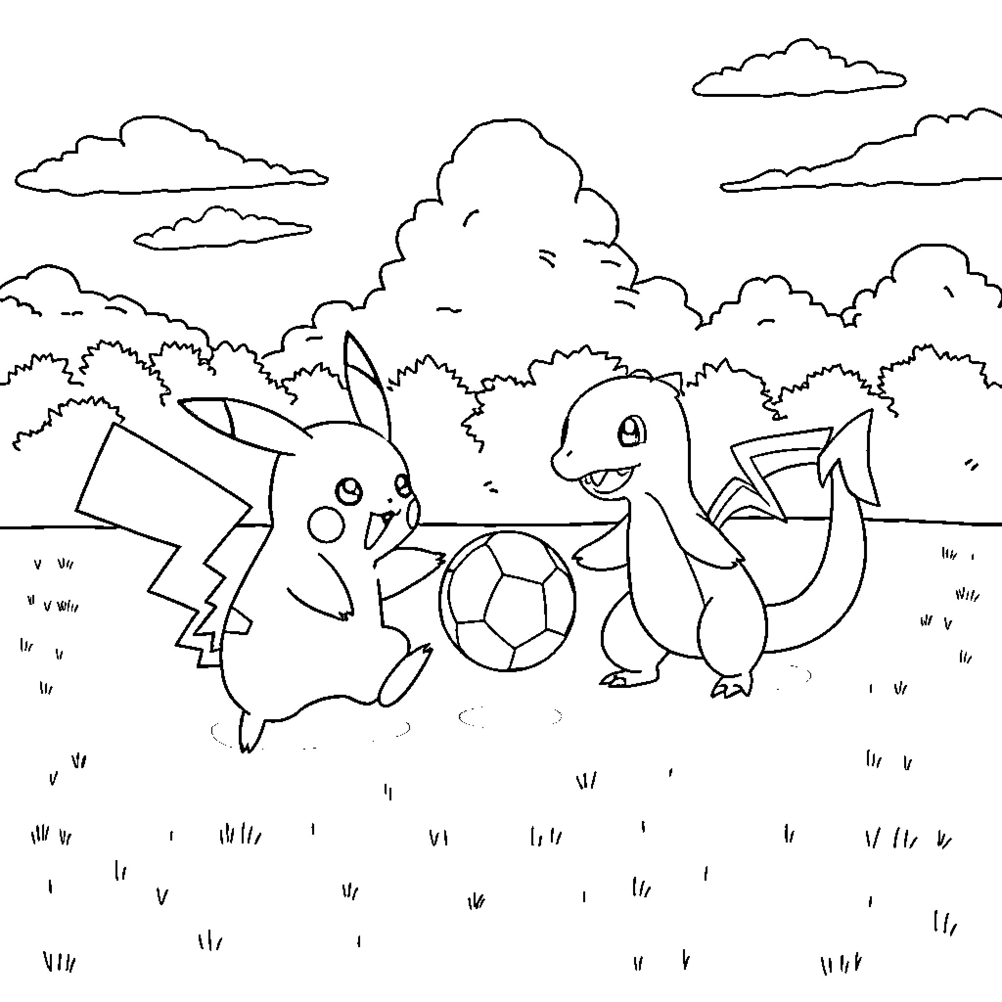 Pikachu and Charmander playing together in the park Coloring Page (free black-and-white line drawing printable PDF for all, from beginners to advanced learners, including children, teens, adults, and seniors)