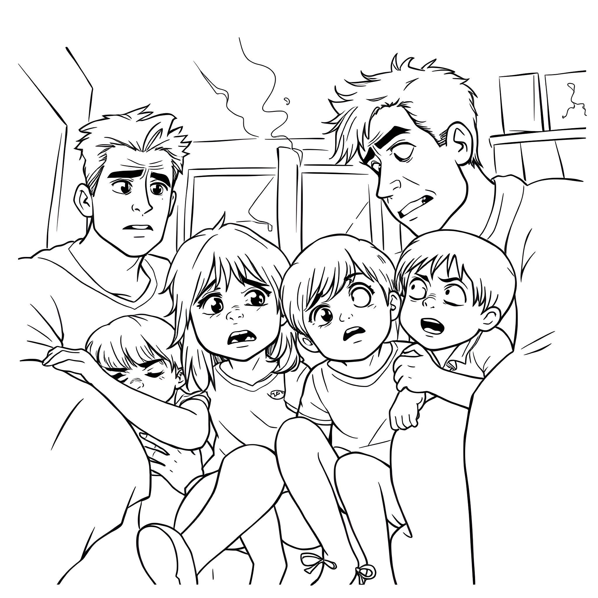 Family in Distress at Home Coloring Page (free black-and-white line drawing printable PDF for all, from beginners to advanced learners, including children, teens, adults, and seniors)