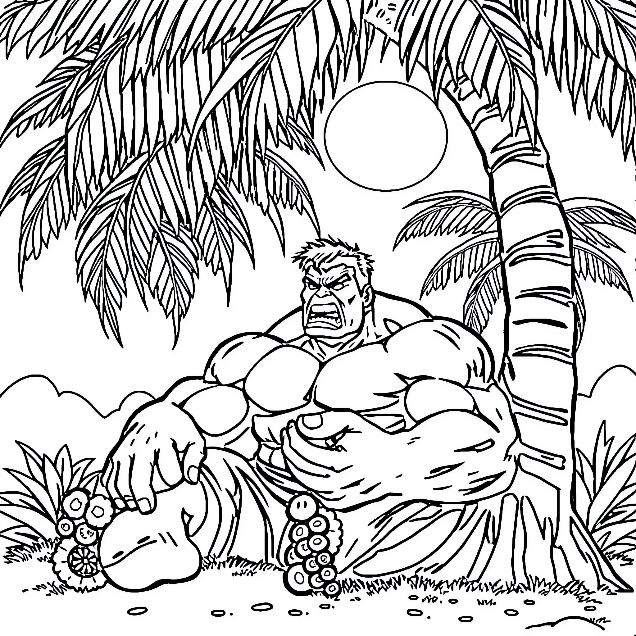Hulk Resting in Tropical Jungle Setting Coloring Page (free black-and-white line drawing printable PDF for all, from beginners to advanced learners, including children, teens, adults, and seniors)